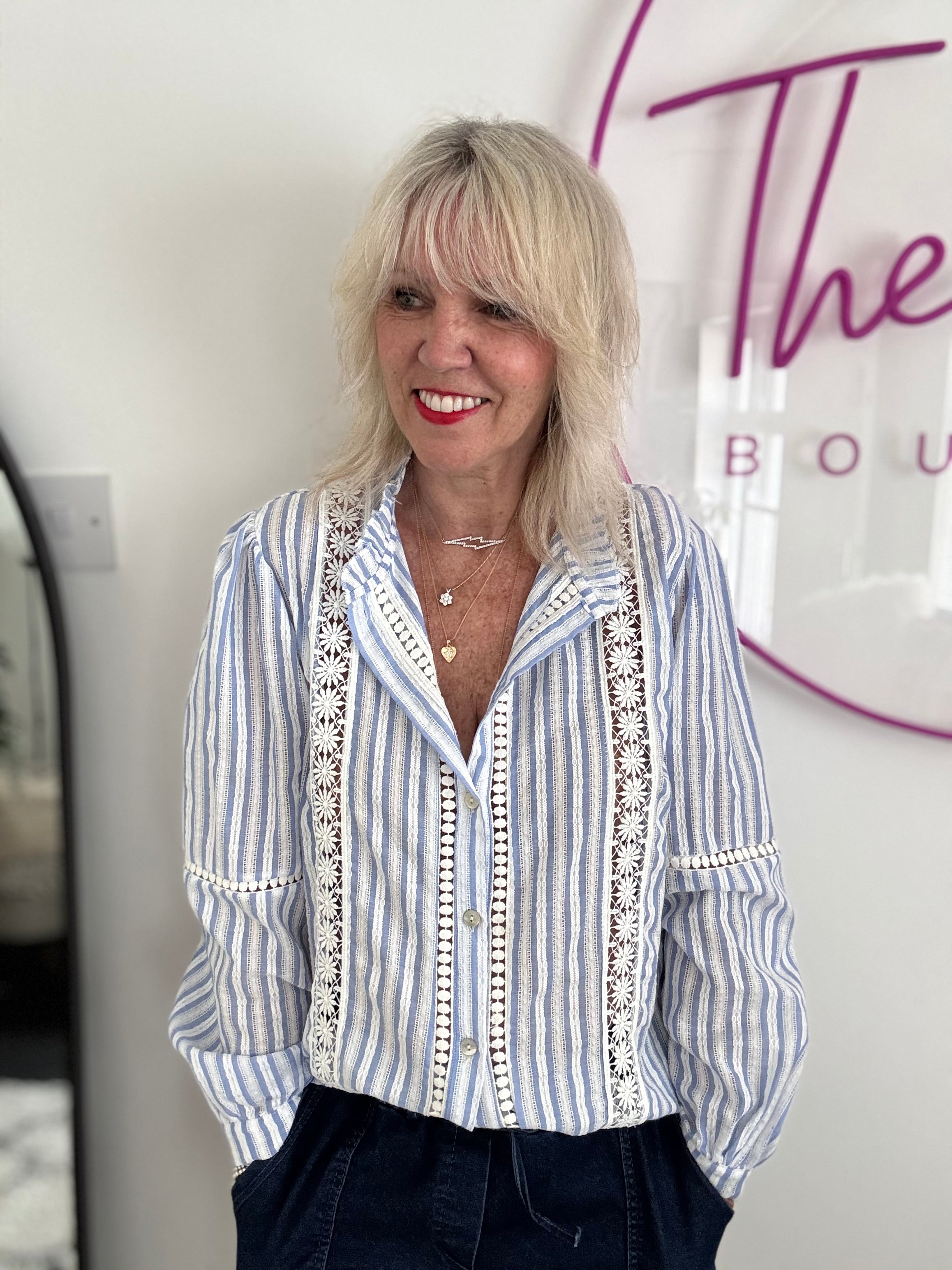 Cotton & Lace Shirt in Blue & White