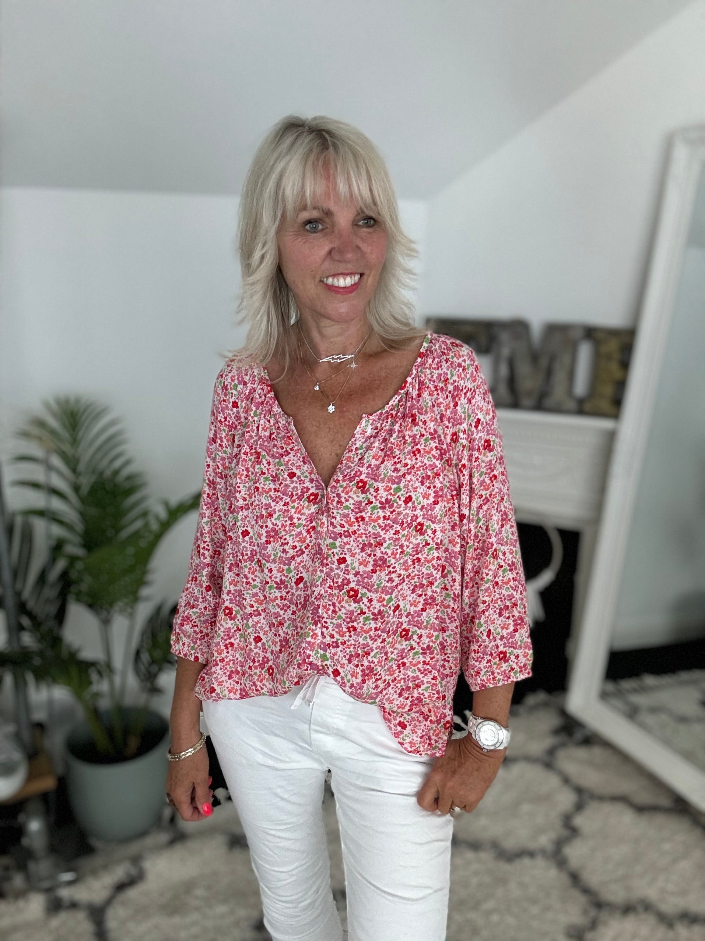 Scoop Neck Blouse in Pink Ditsy