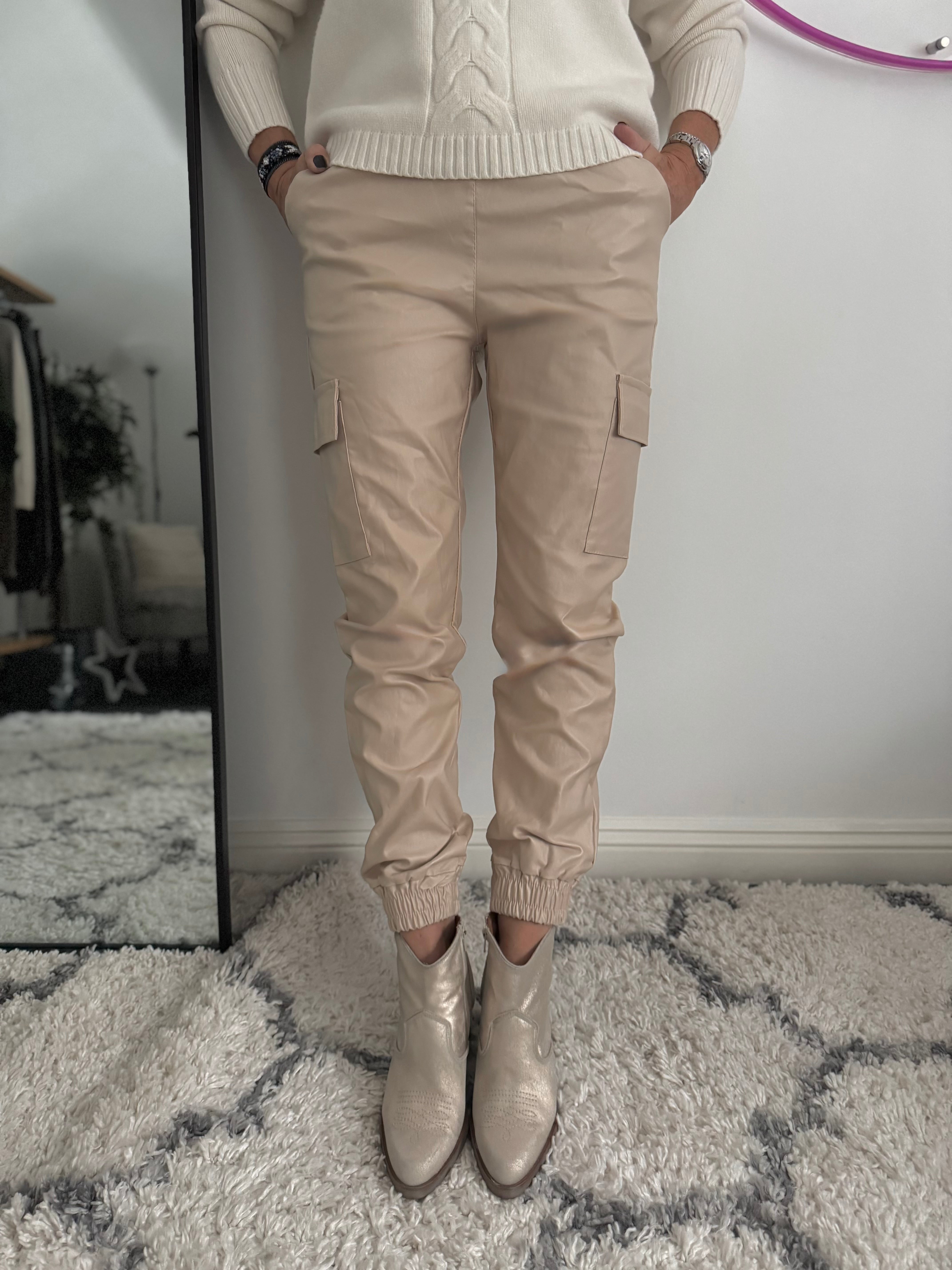 Leather Look Cargo Joggers in Latte