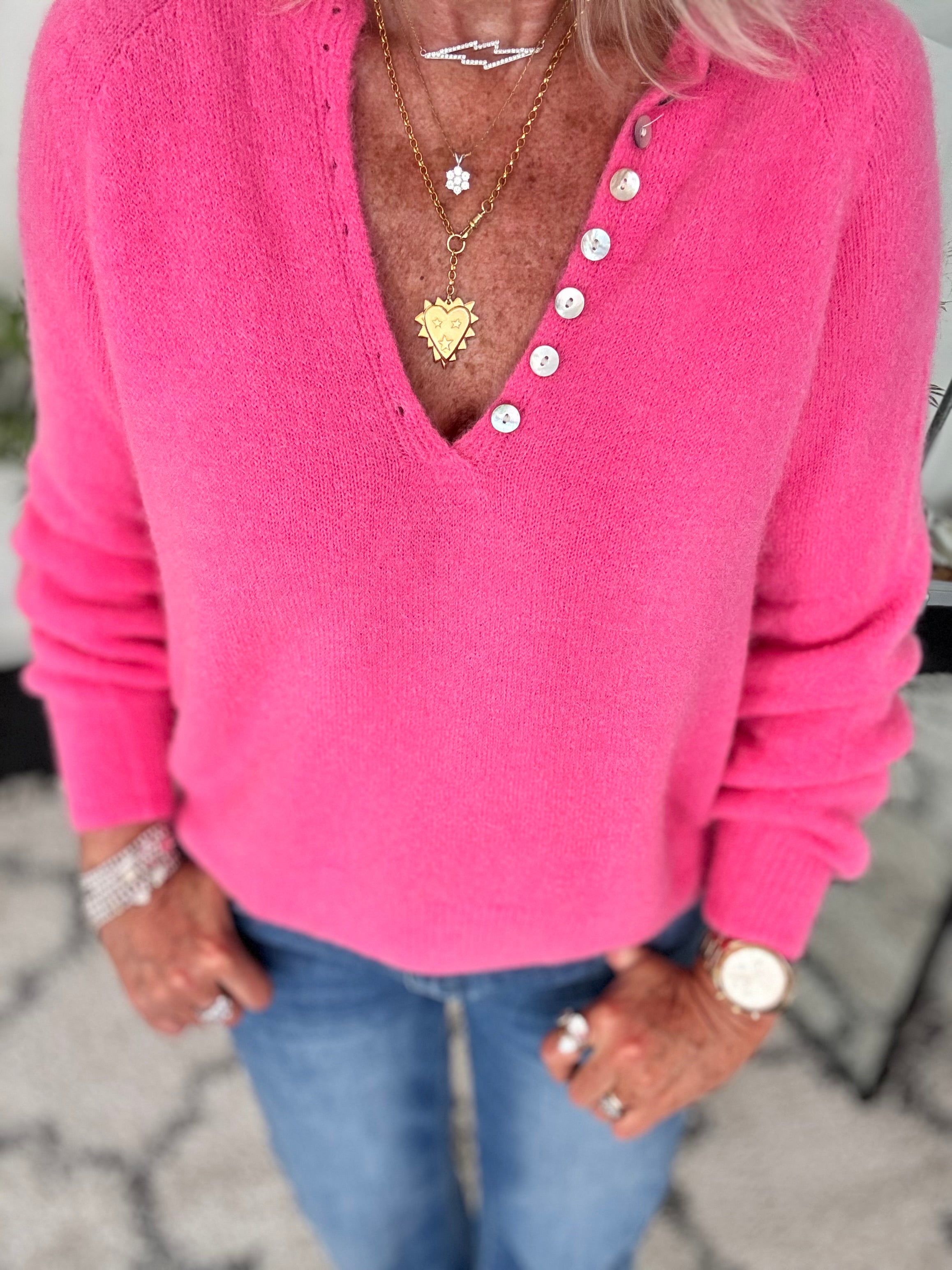 Softie Jumper with Button Neck in Candy Pink