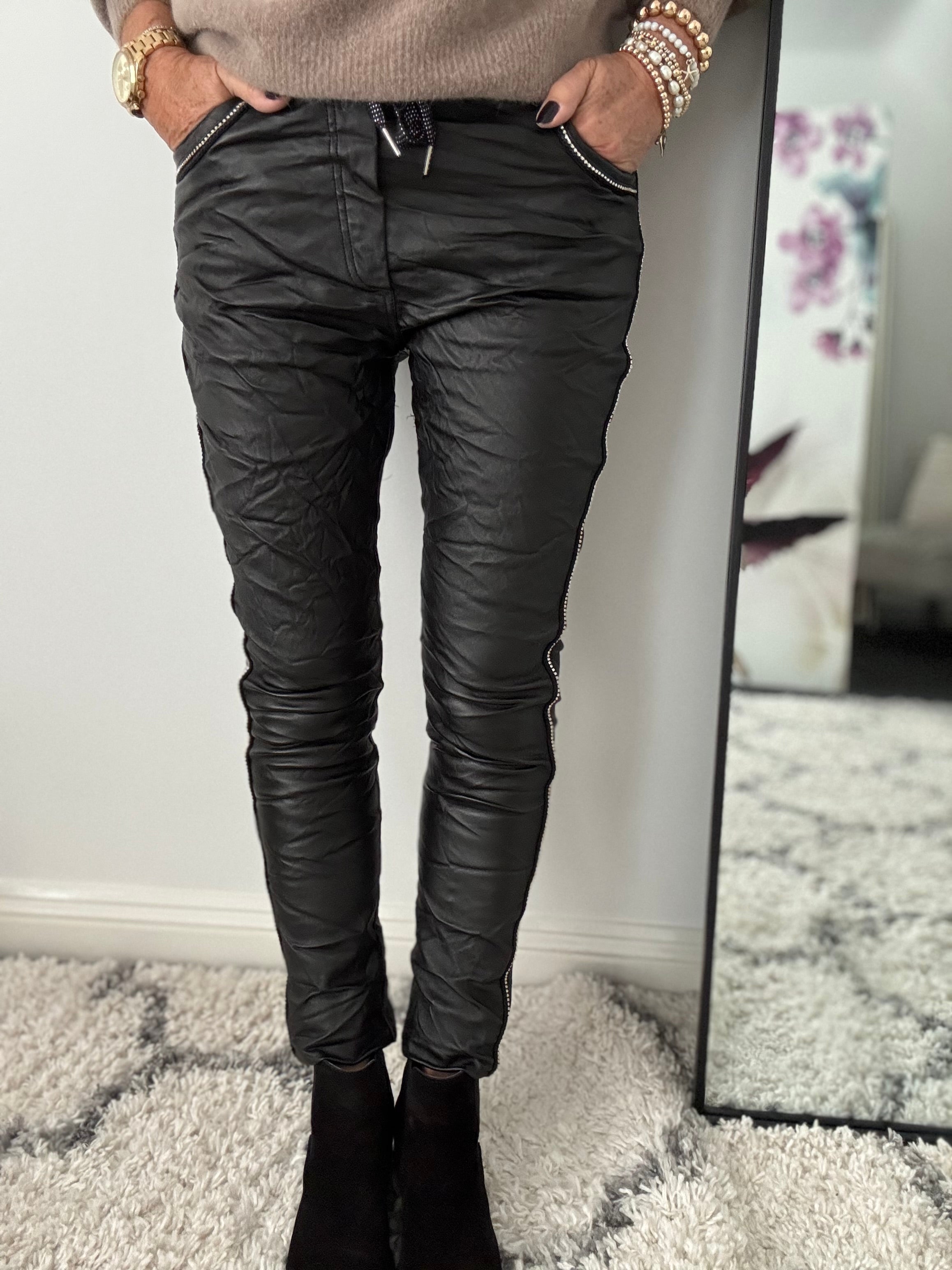 Waxed Rhinestone Joggers in Black