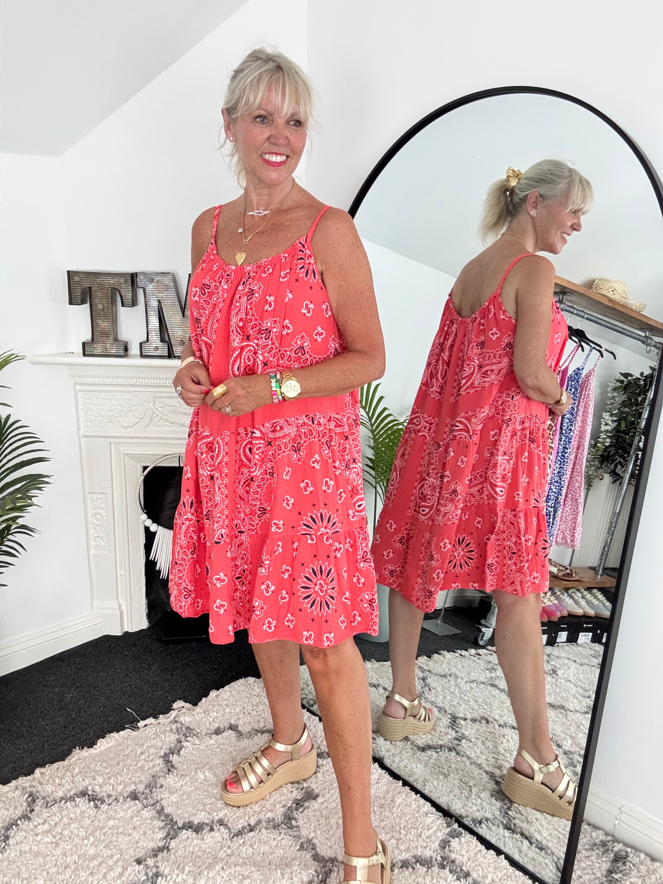 Paisley Cheesecloth Dress in Coral