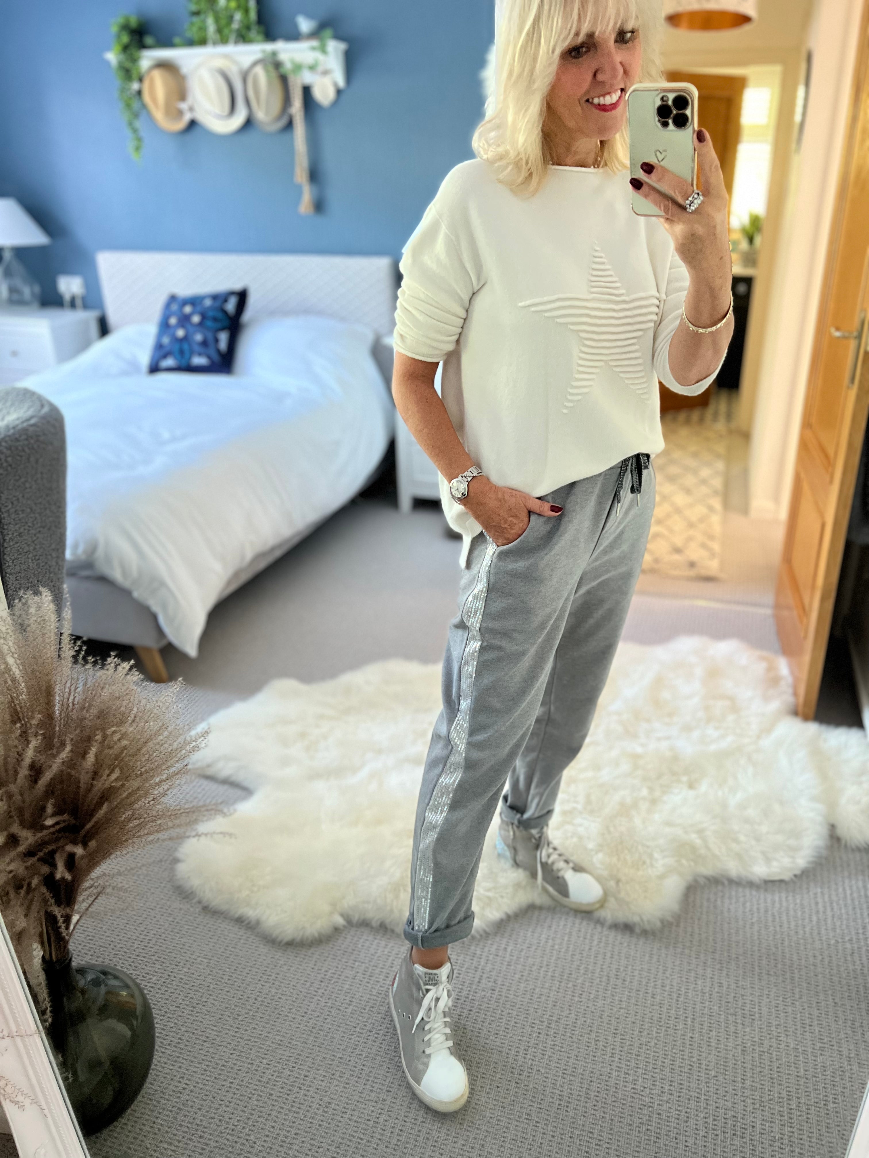 Soft Trousers with Sequin Stripe in Grey