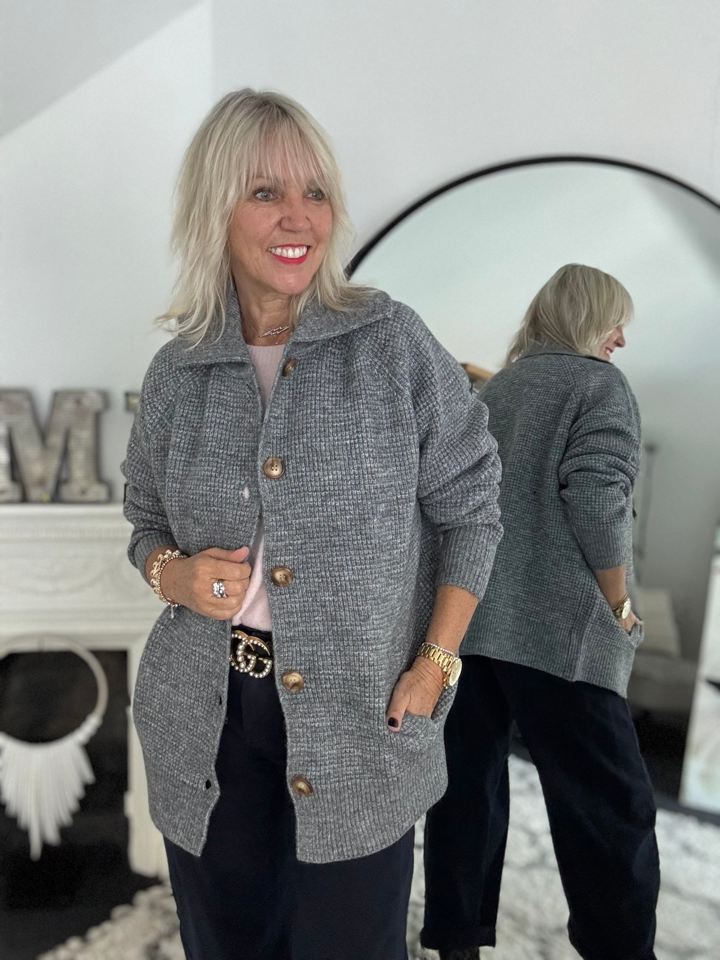 Fisherman Rib Knitted Jacket in Marl Grey