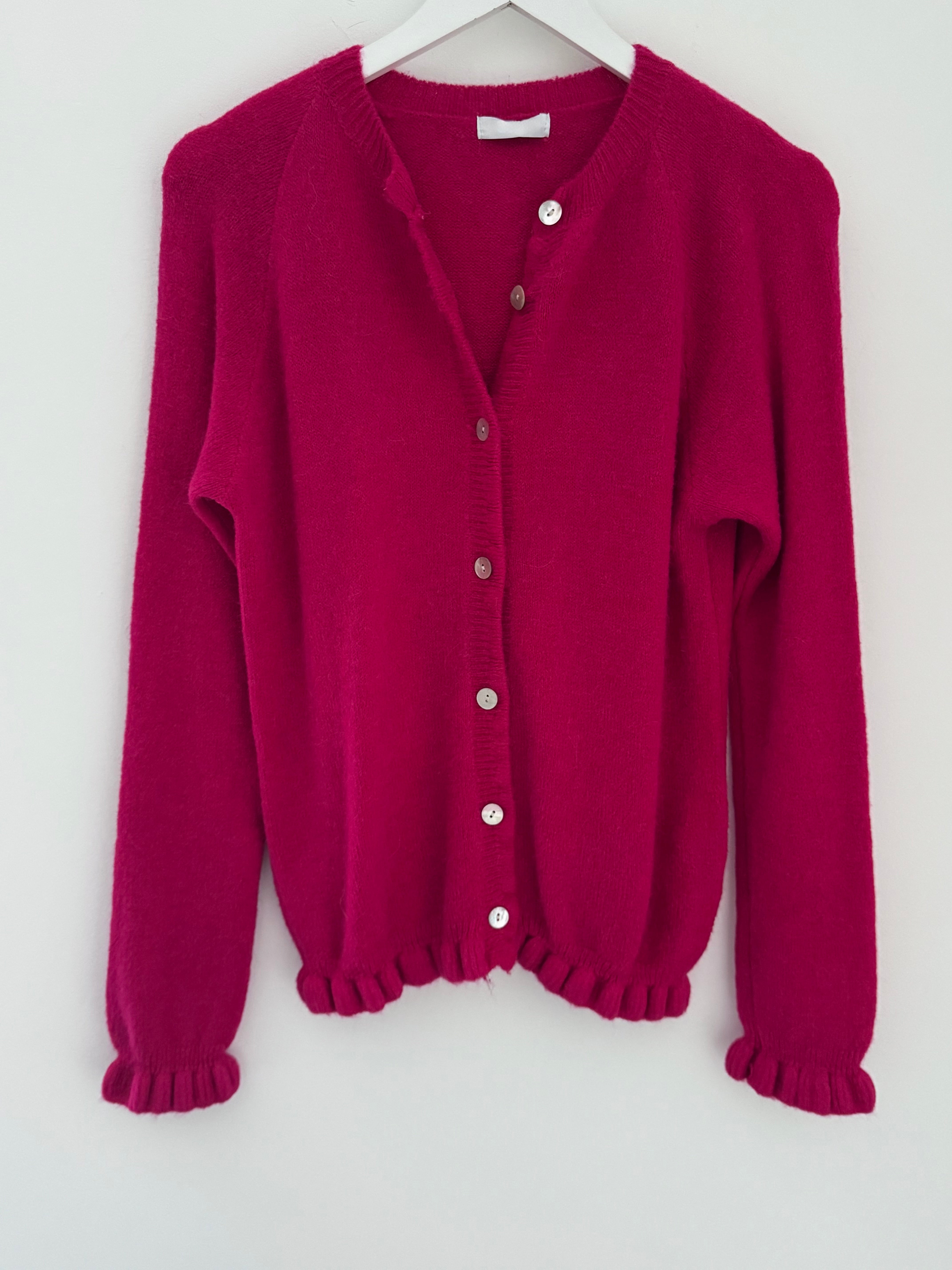 Alpaca Cardi with Frill Hems in Raspberry