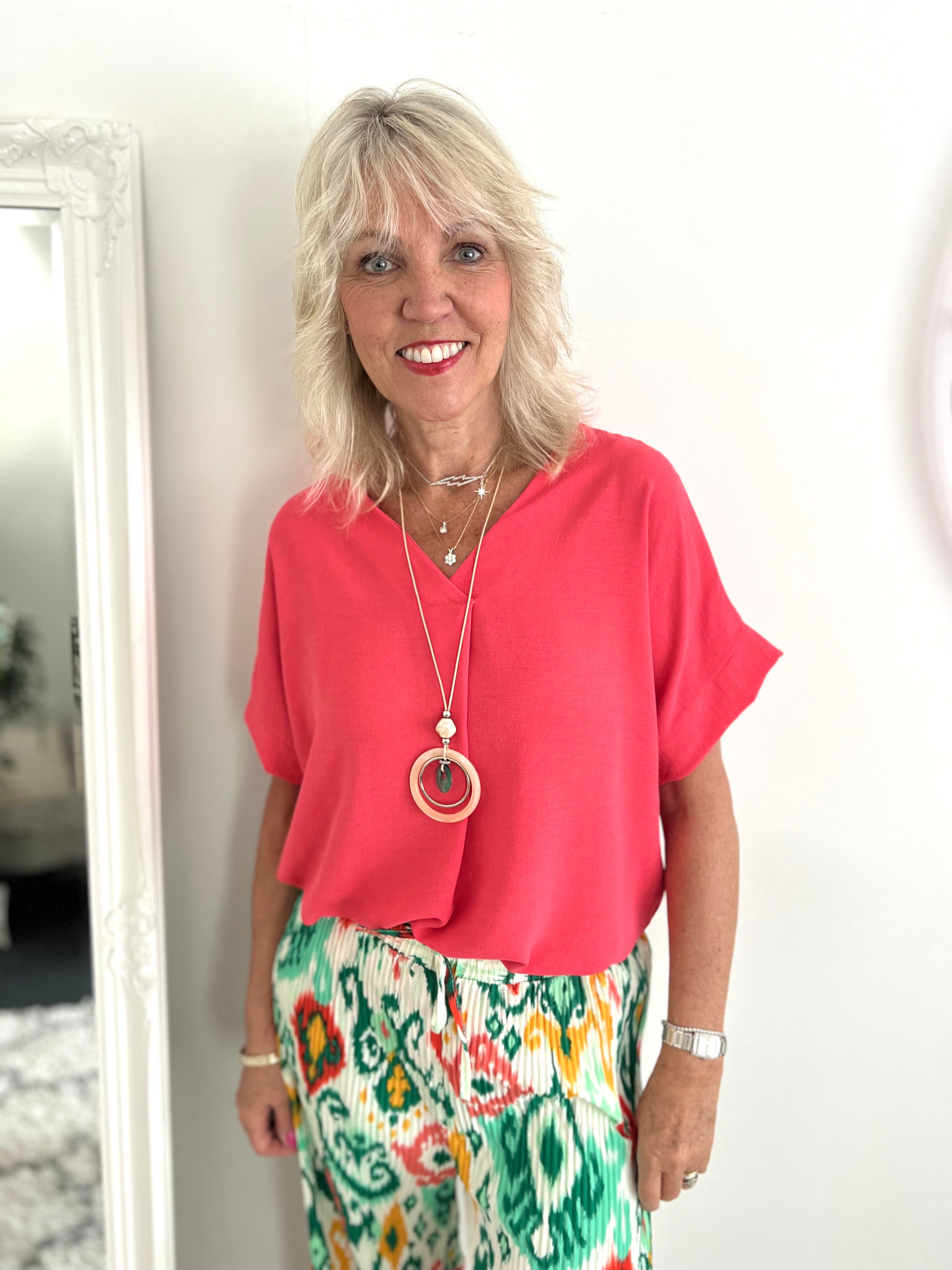 Crepe Top with Necklace in Coral