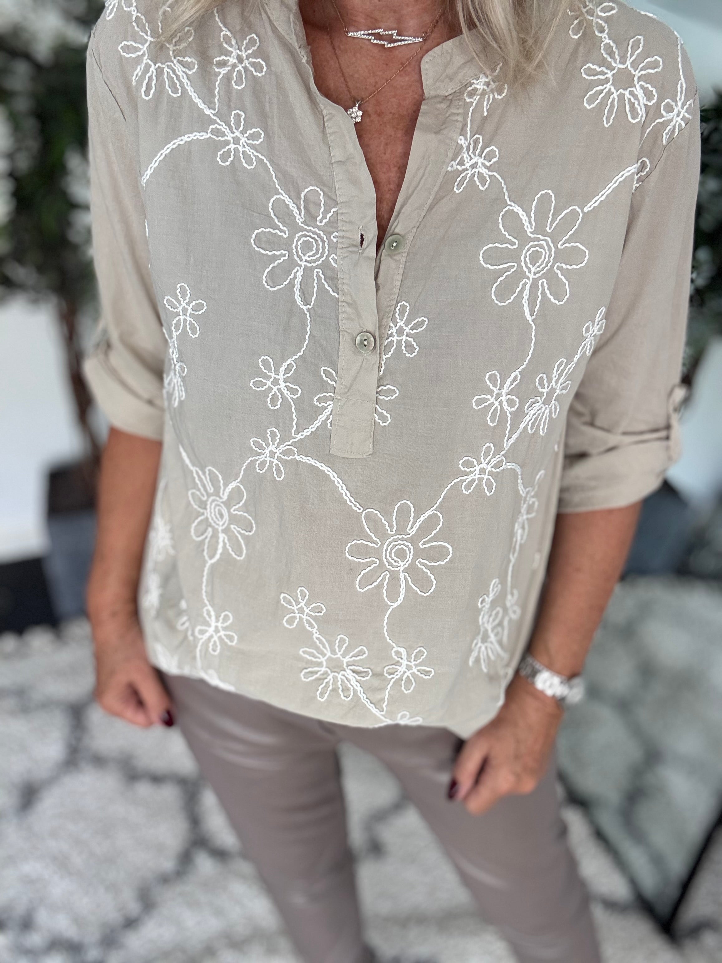 Embroidered Buttoned Top in Stone