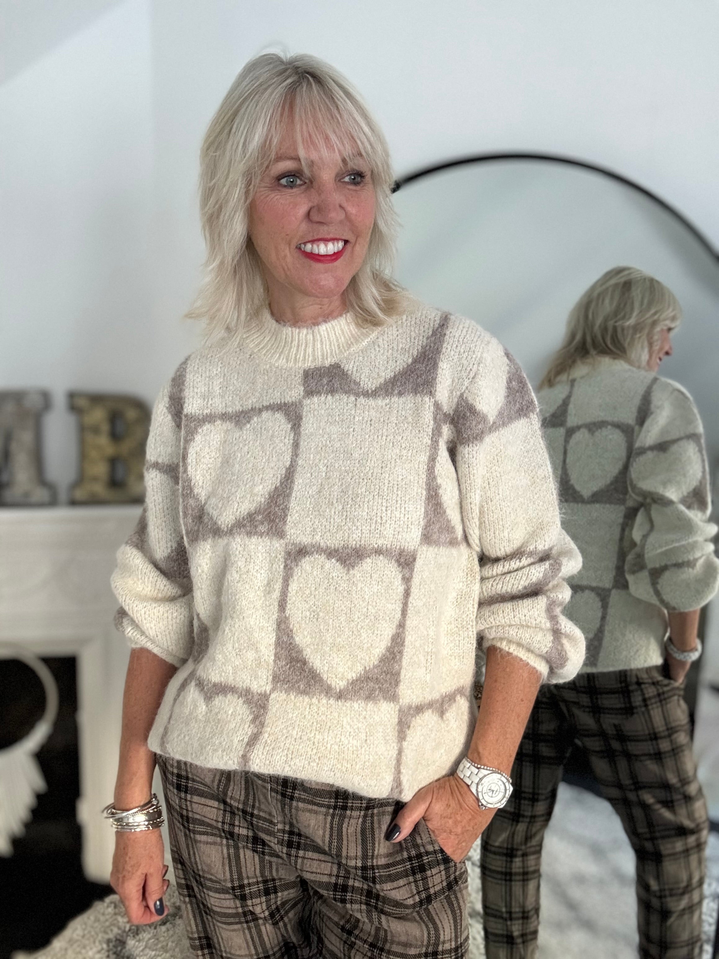 Heart & Squares Sweater in Ecru & Mocha