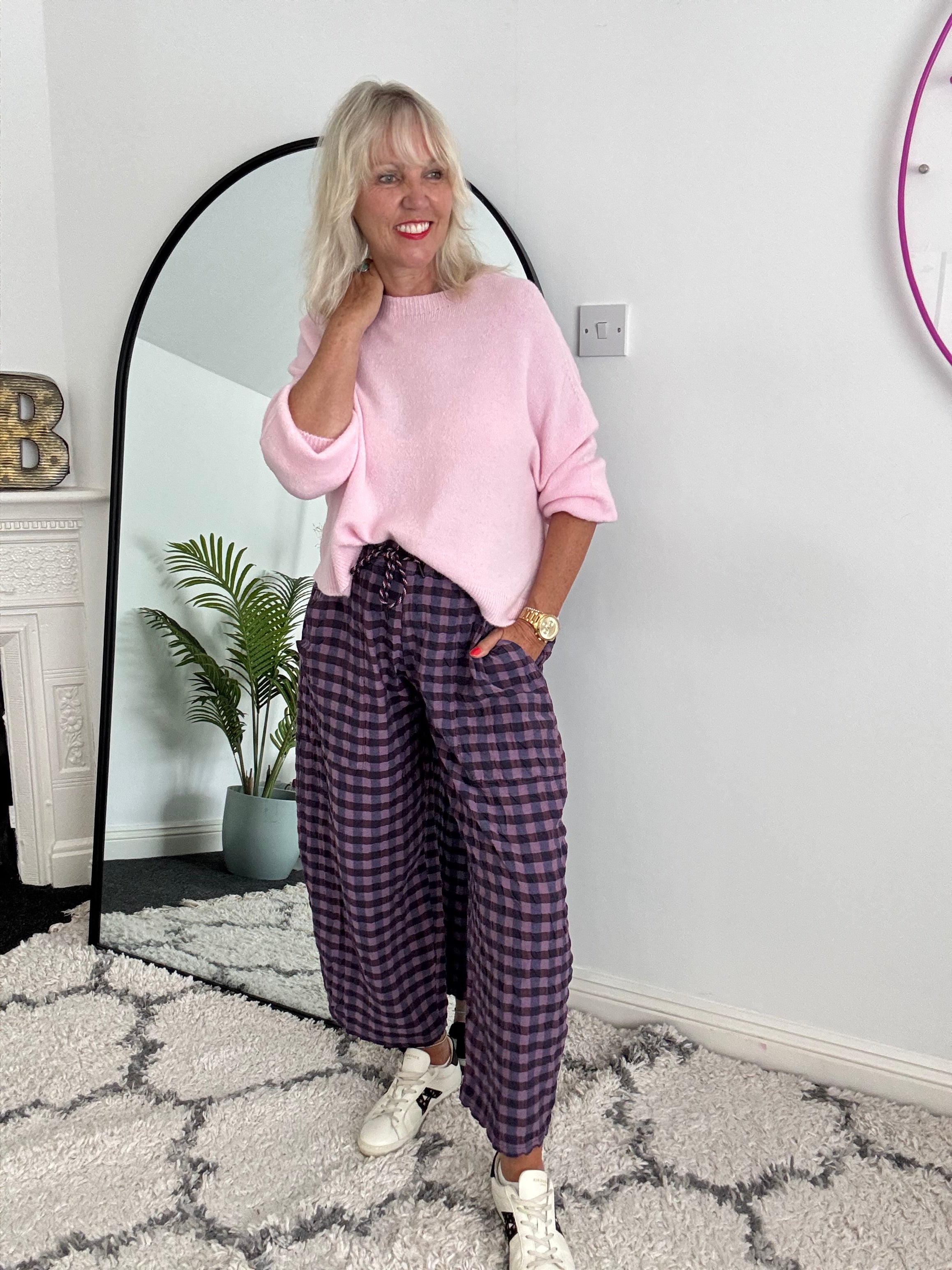 Barrel Check Trousers in Plum & Navy