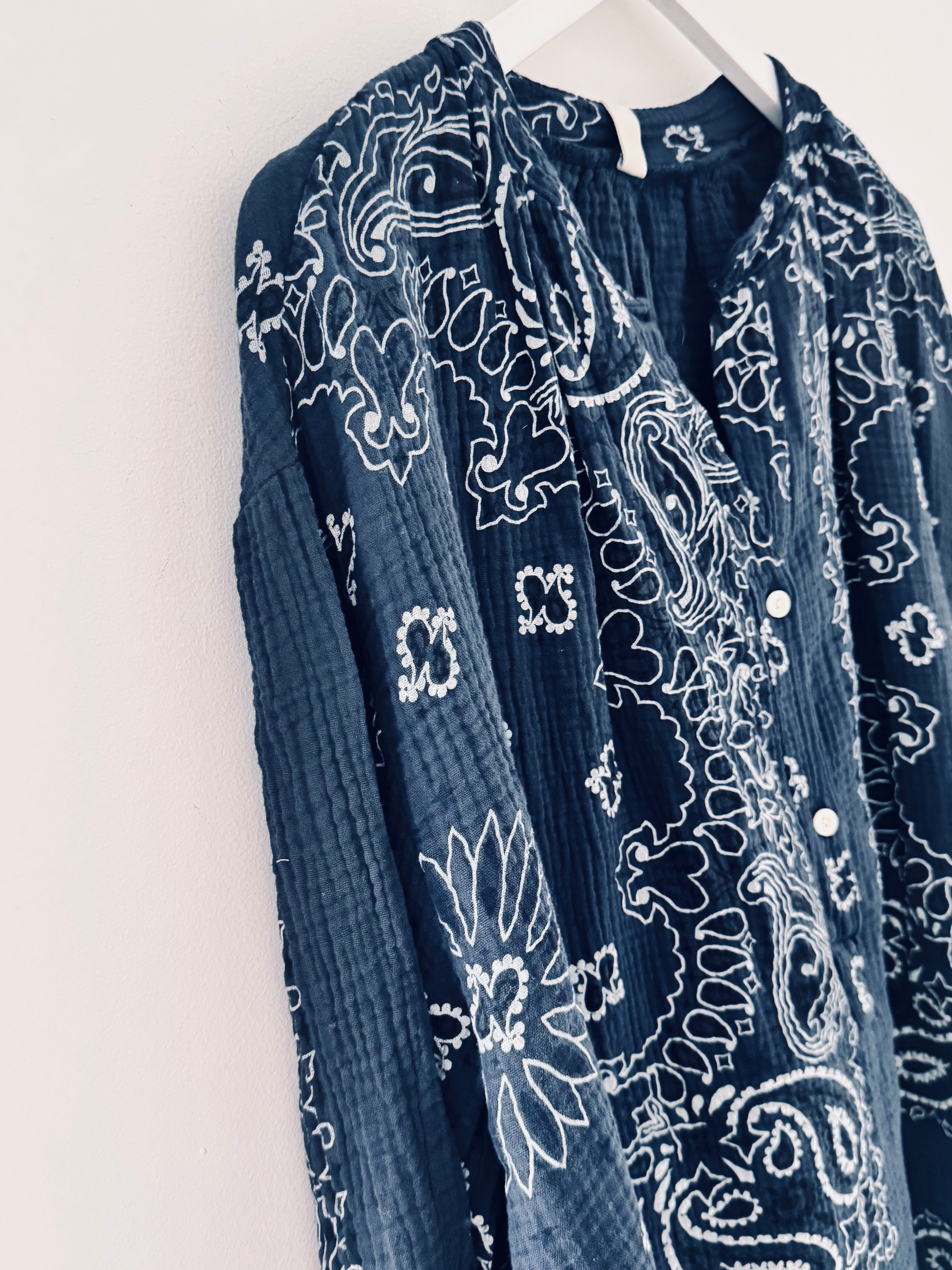 Oversized Paisley Cheesecloth Shirt in Navy