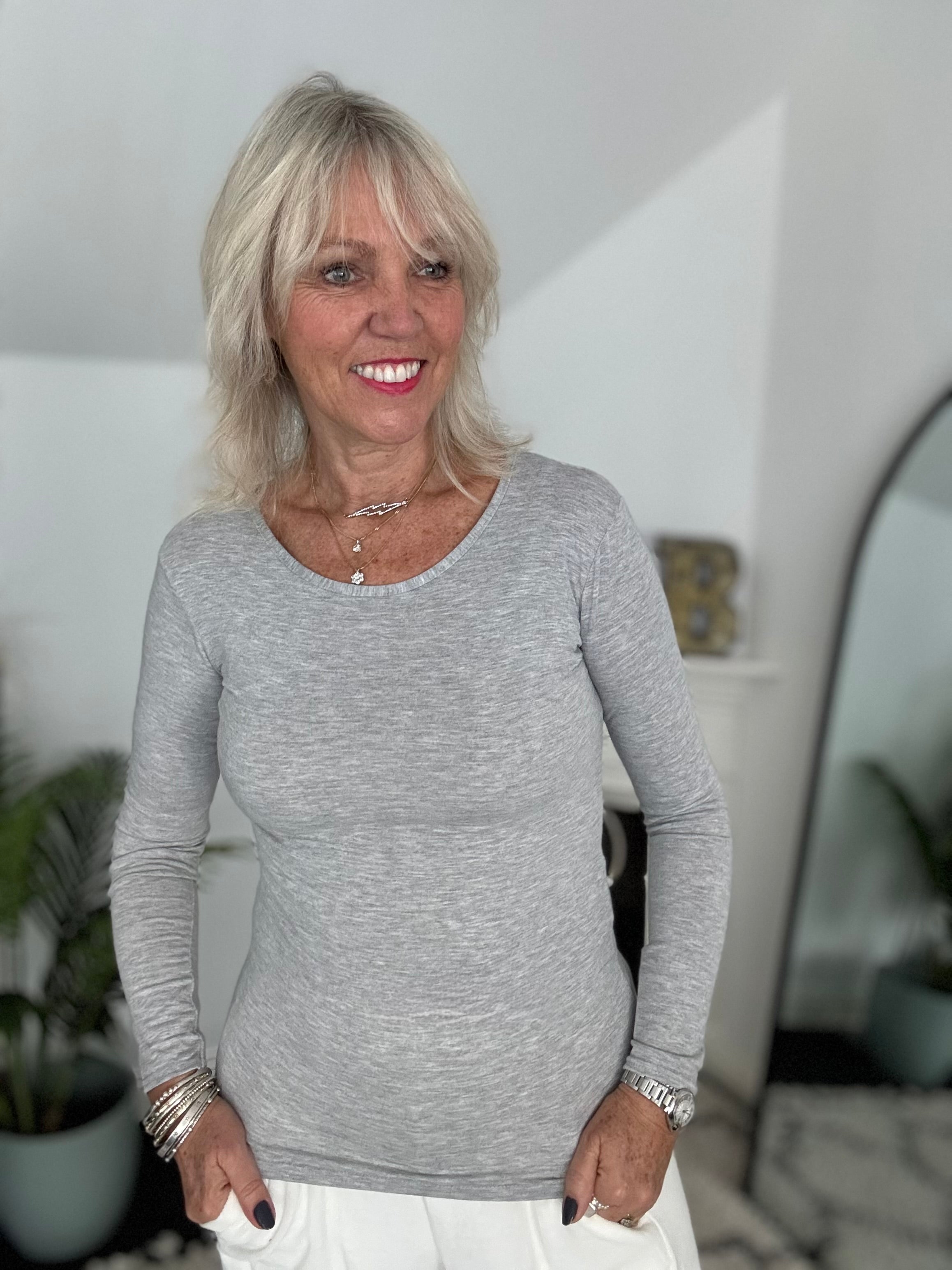 Long Sleeve Stretch Top in Marl Grey
