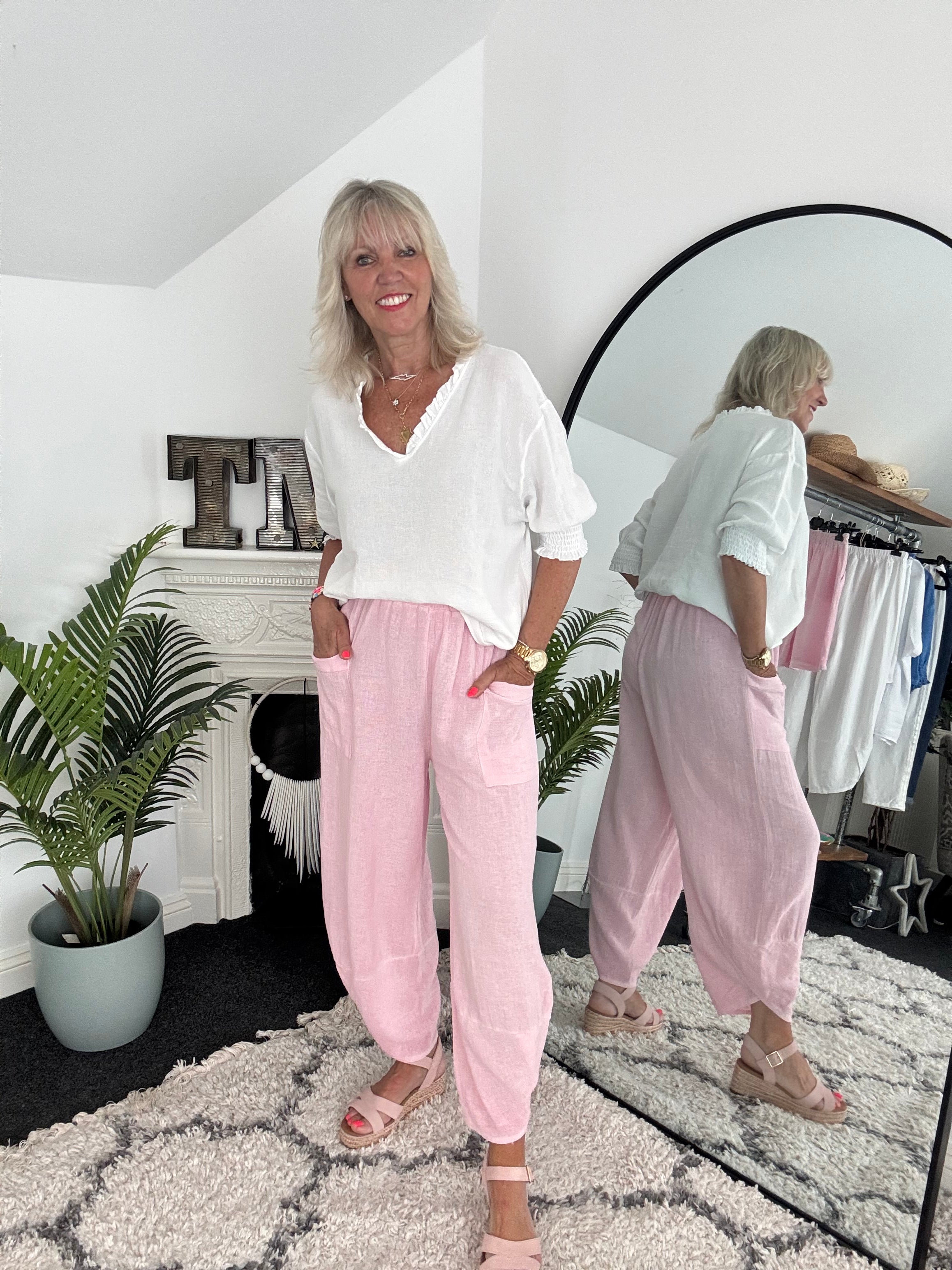Linen & Cotton Barrel Trousers in Baby Pink