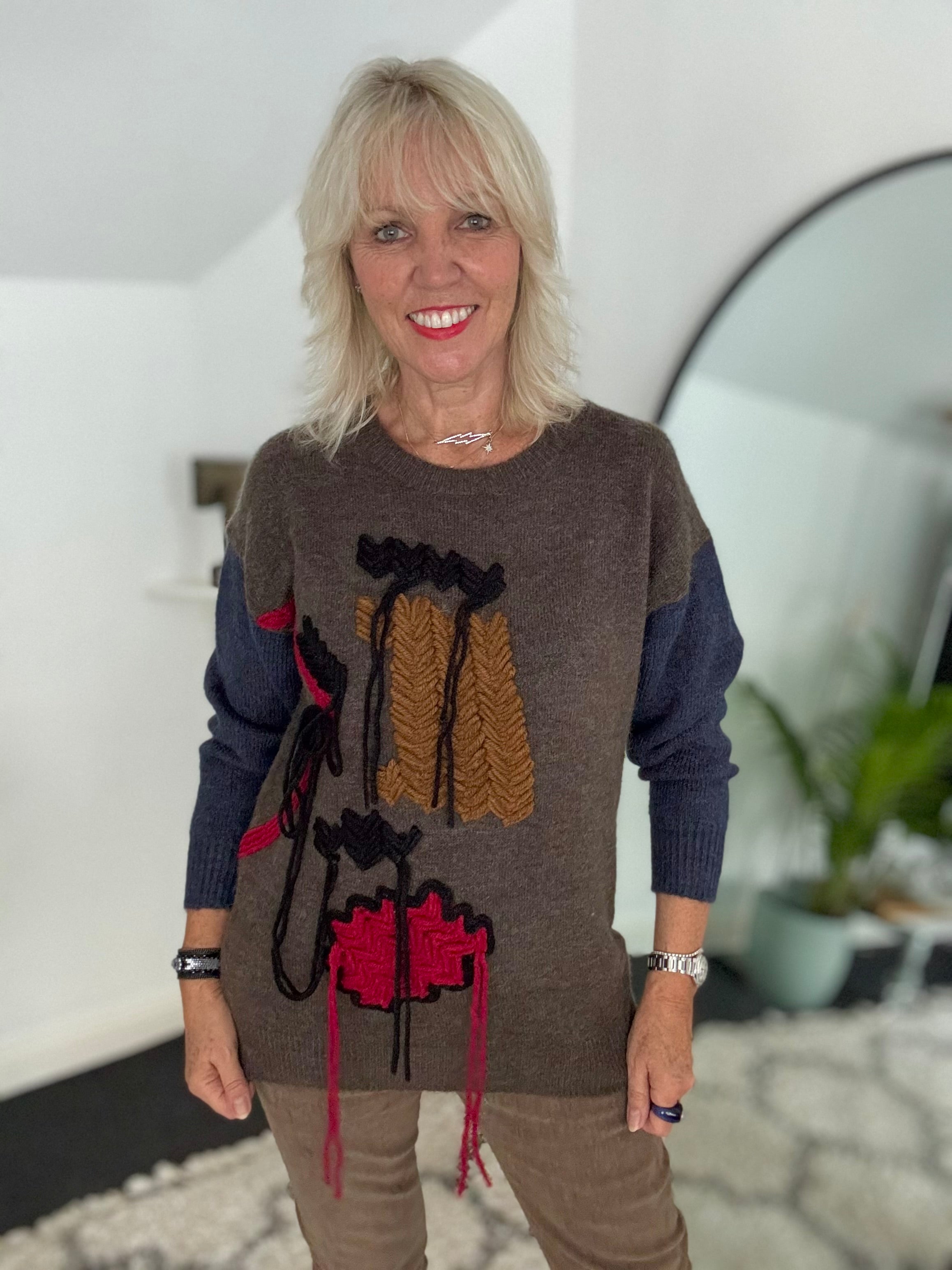 Fringe Cable Knit Jumper in Cocoa & Blue