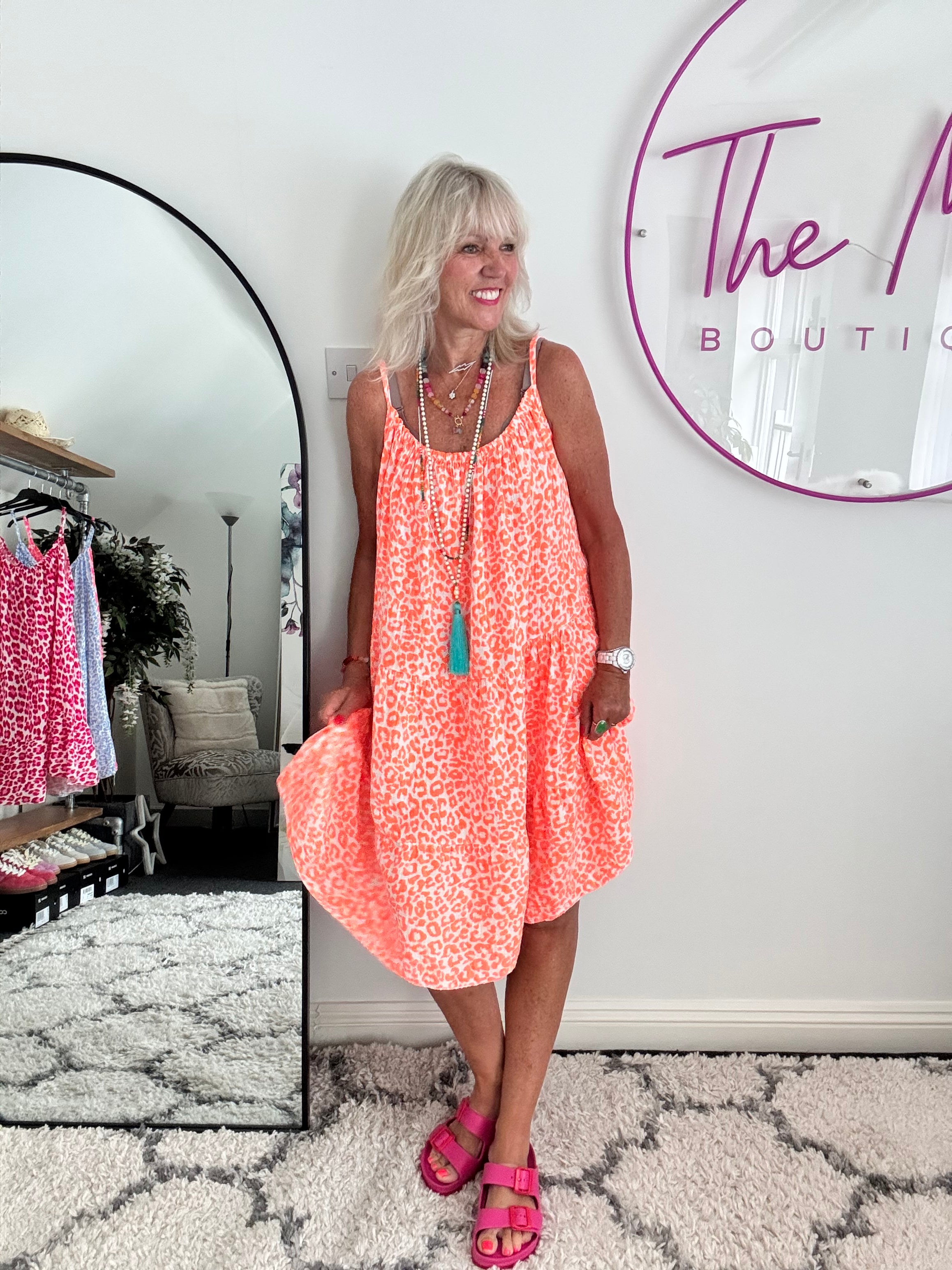 Leopard Cheesecloth Dress in Neon Orange