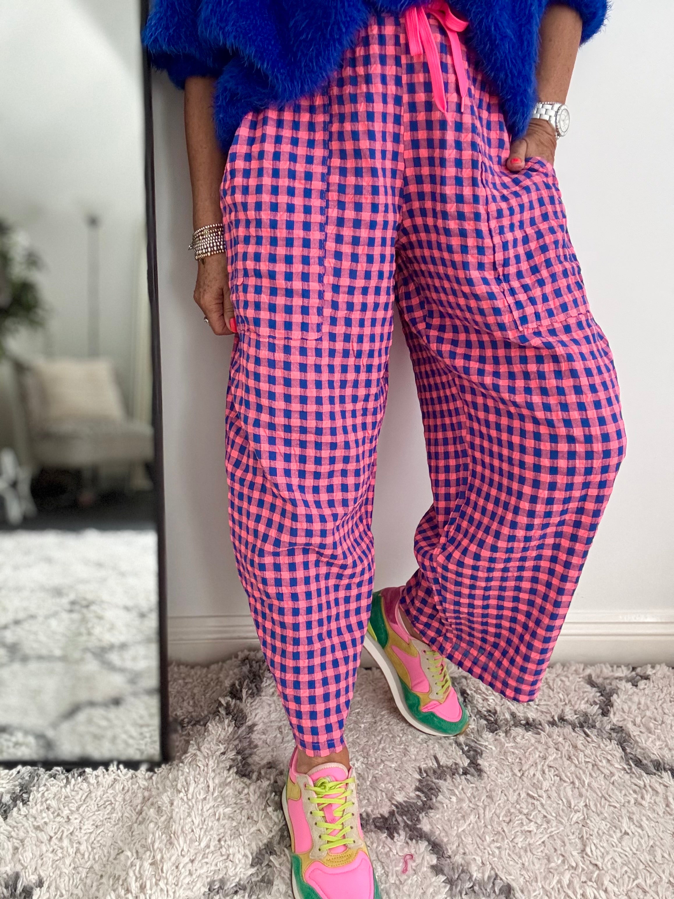 Barrel Check Trousers in Pink & Blue