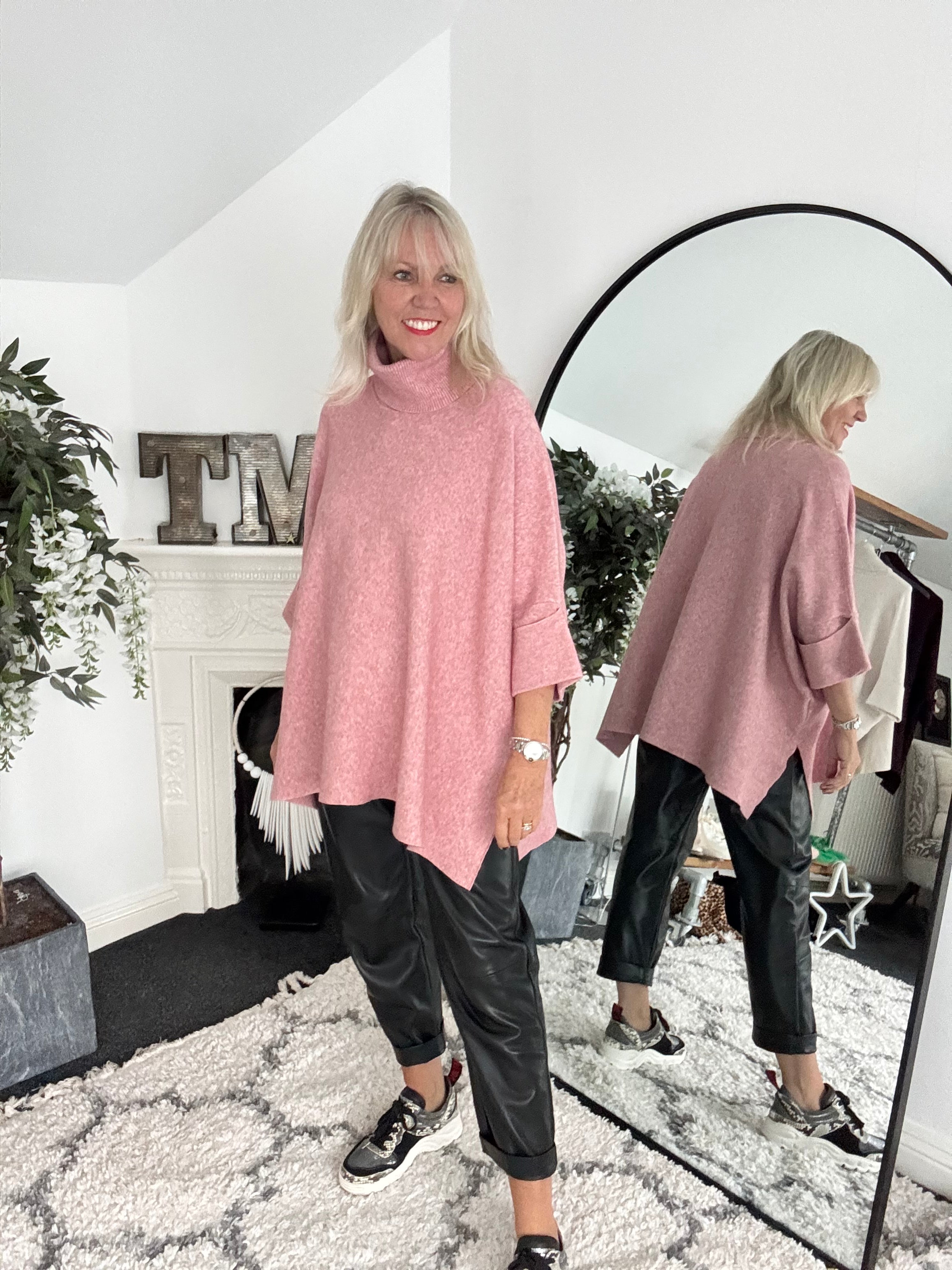 Oversized Roll Neck Poncho Jumper in Pink