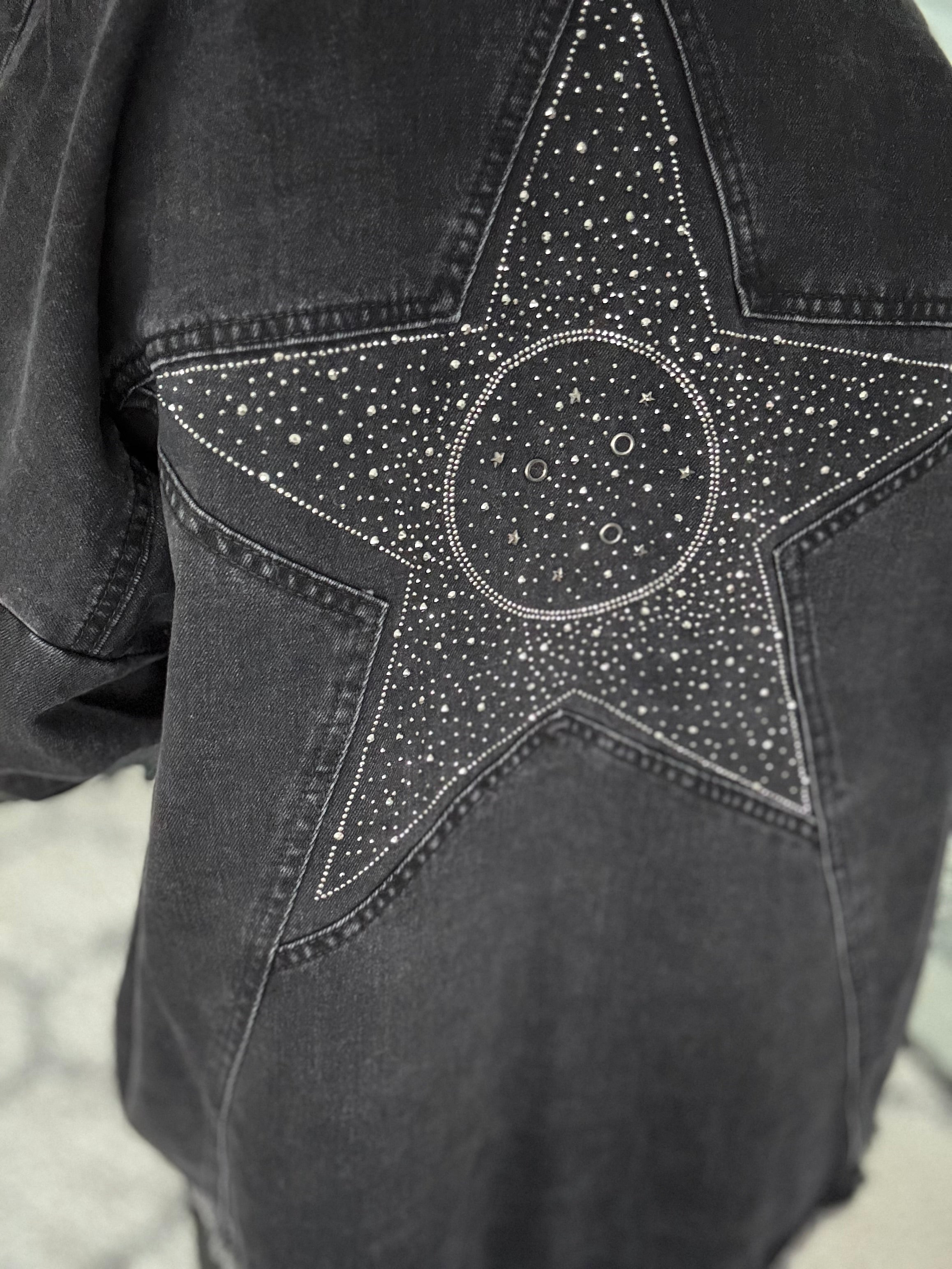 Boyfriend Shacket with Sparkly Star in Black Denim