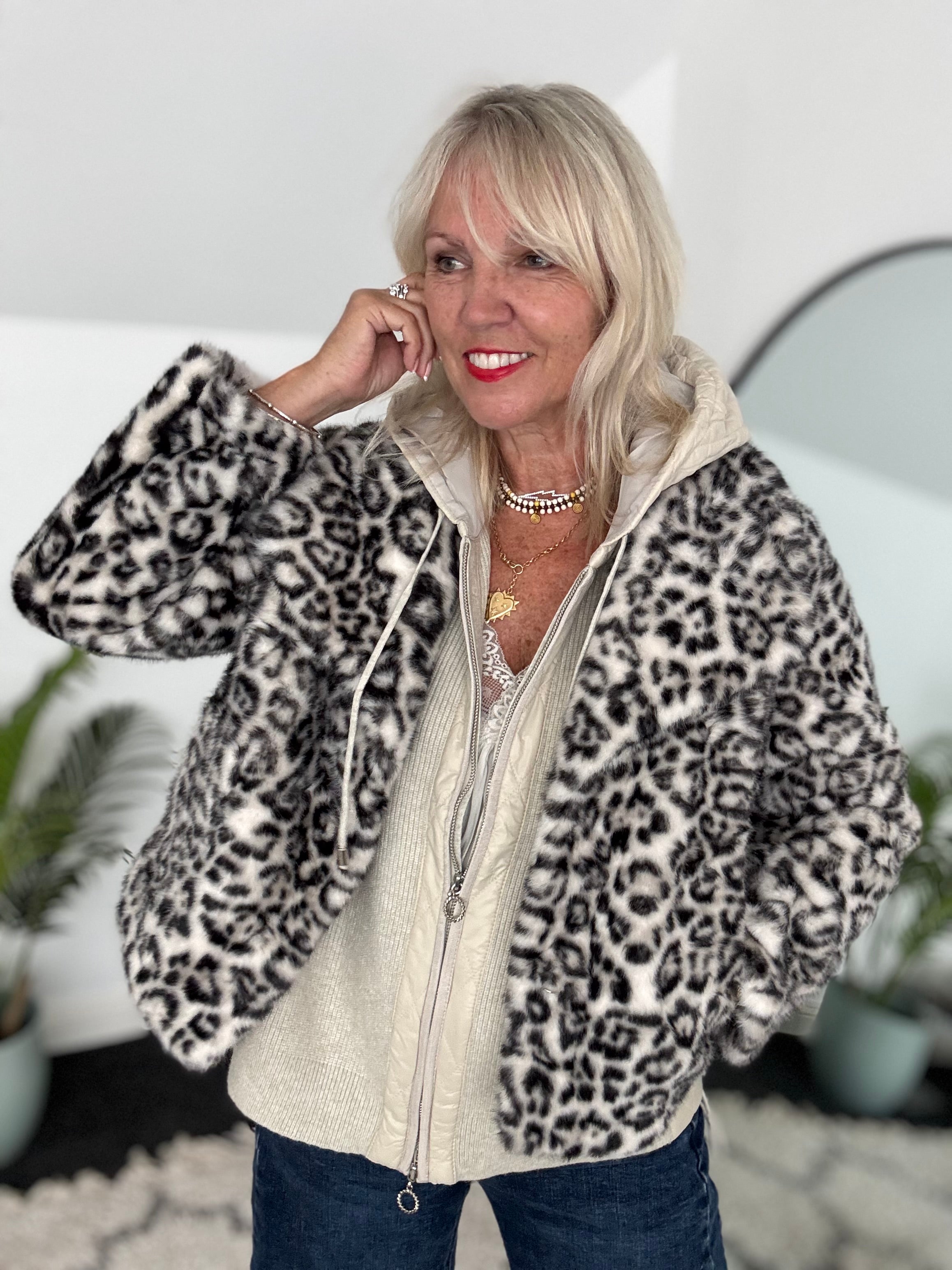 Snow Leopard Faux Fur Jacket