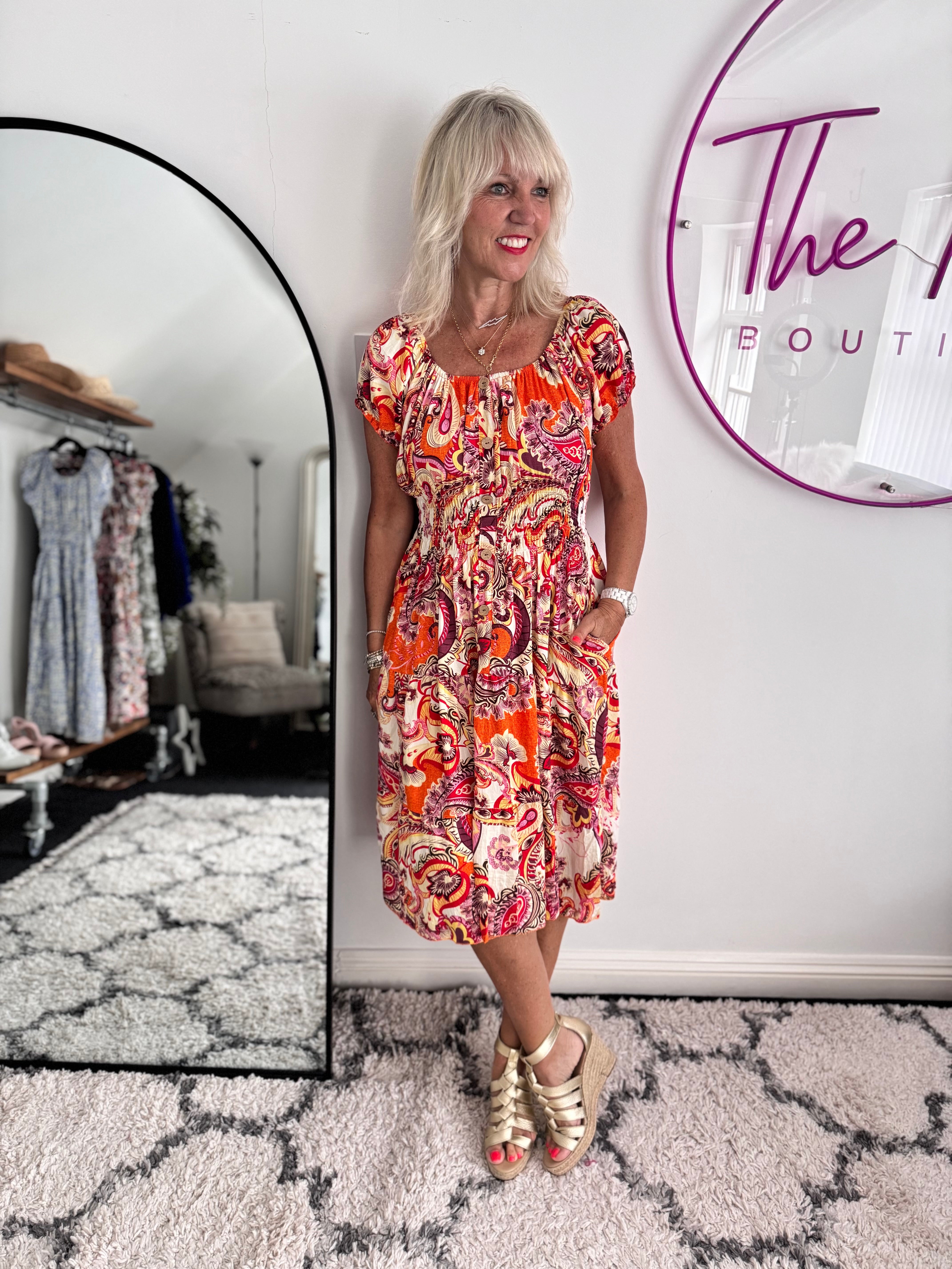 Bardot Dress in Orange & Plum