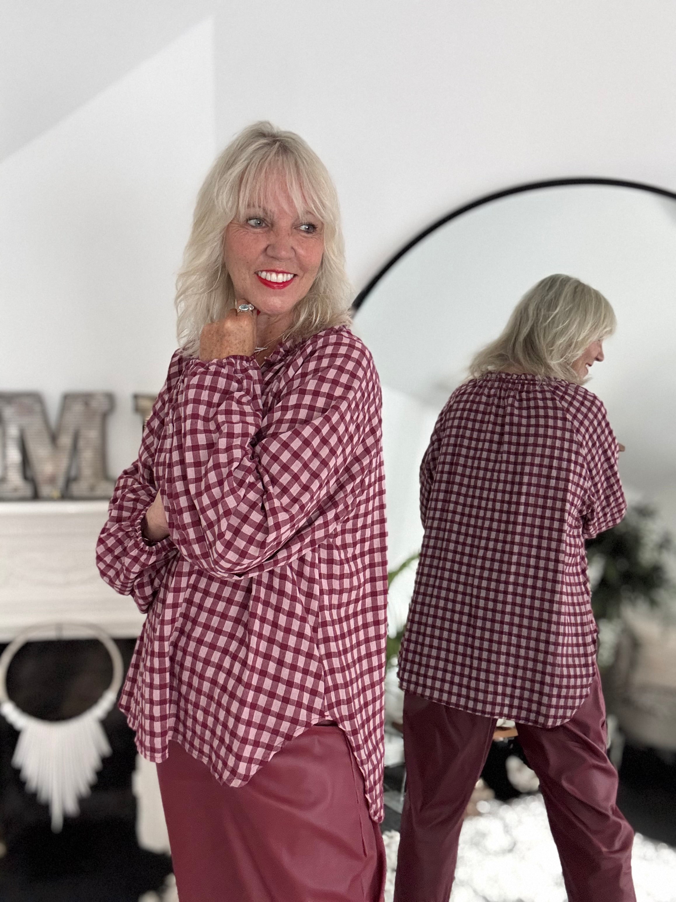 Oversized V Neck Check Top in Berry