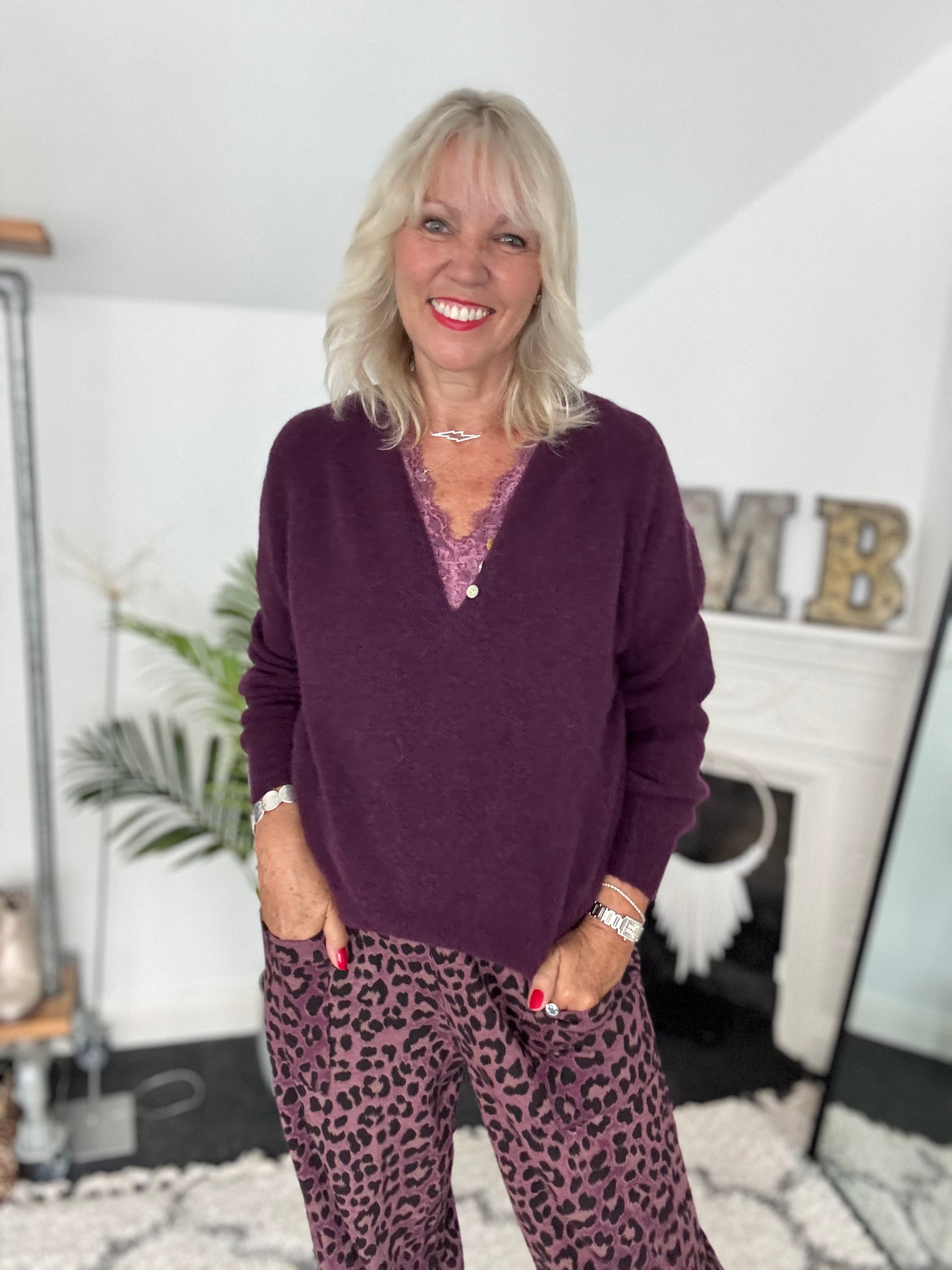 Softie Jumper with Button Neck in Plum