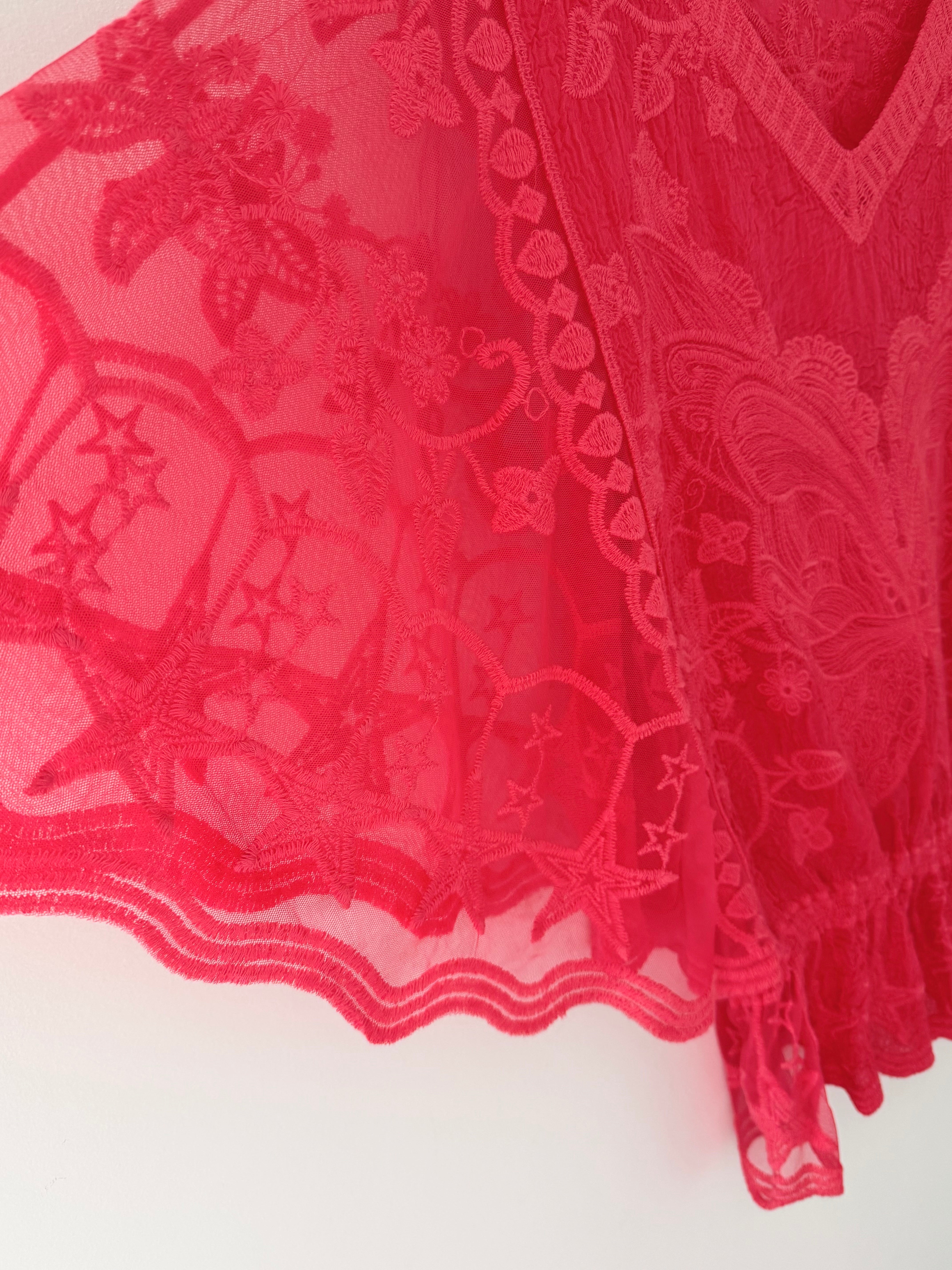 Lace Butterfly & Star Top in Coral Red
