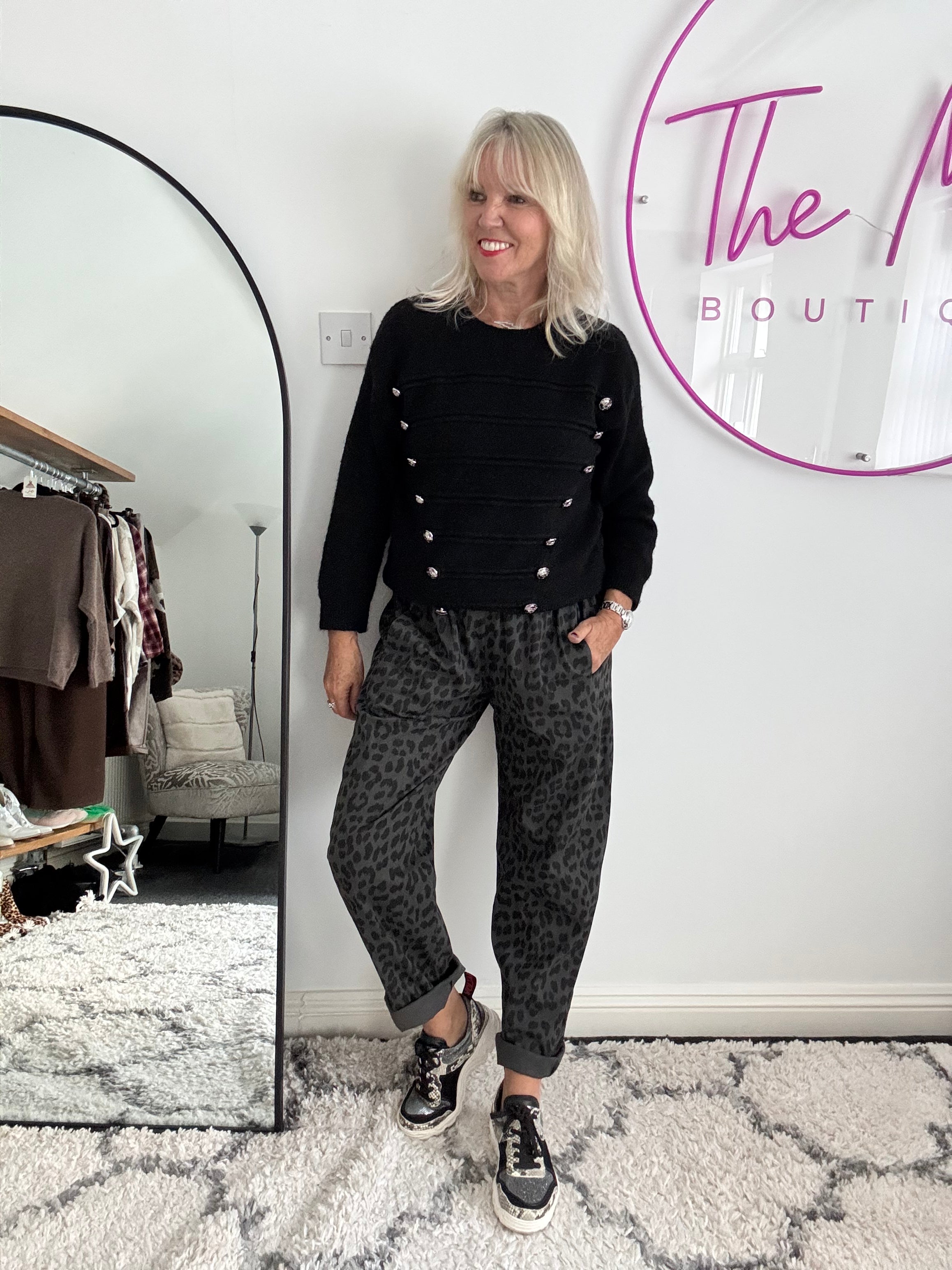 Animal Print Trousers in Charcoal Leopard