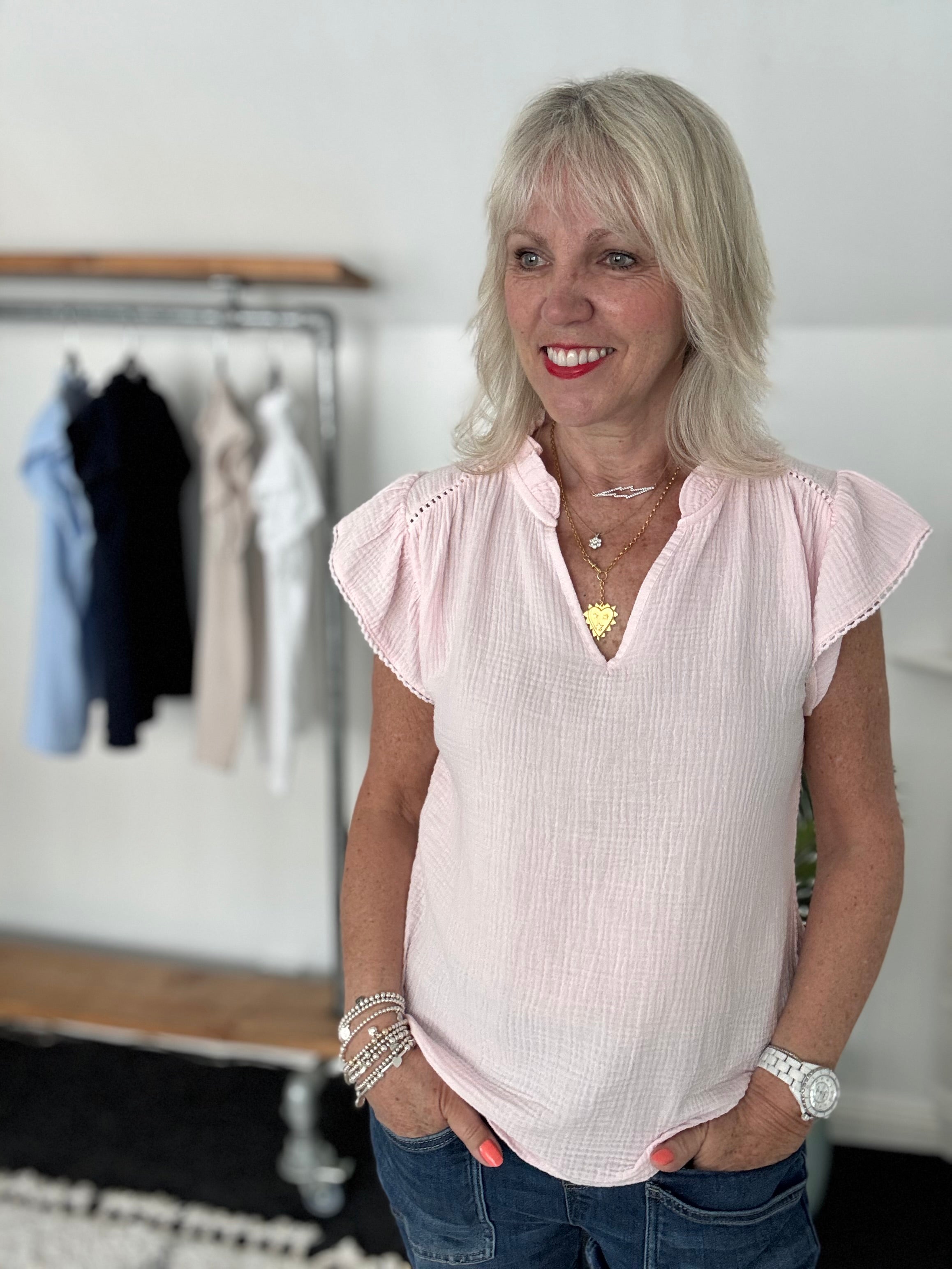 Cheesecloth Top with Ruffle Sleeves in Pink