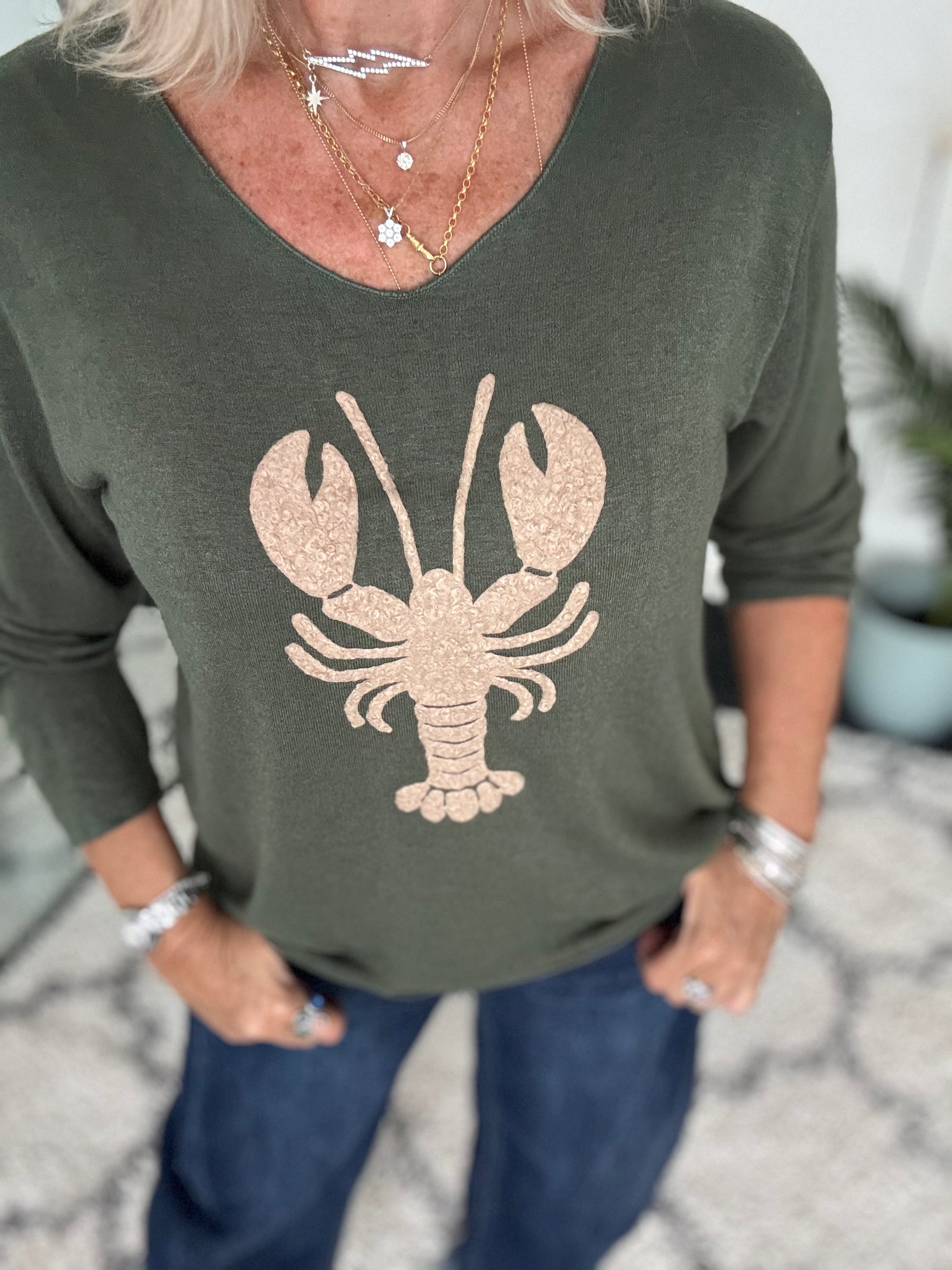 Soft V Neck Lobster Knit in Khaki