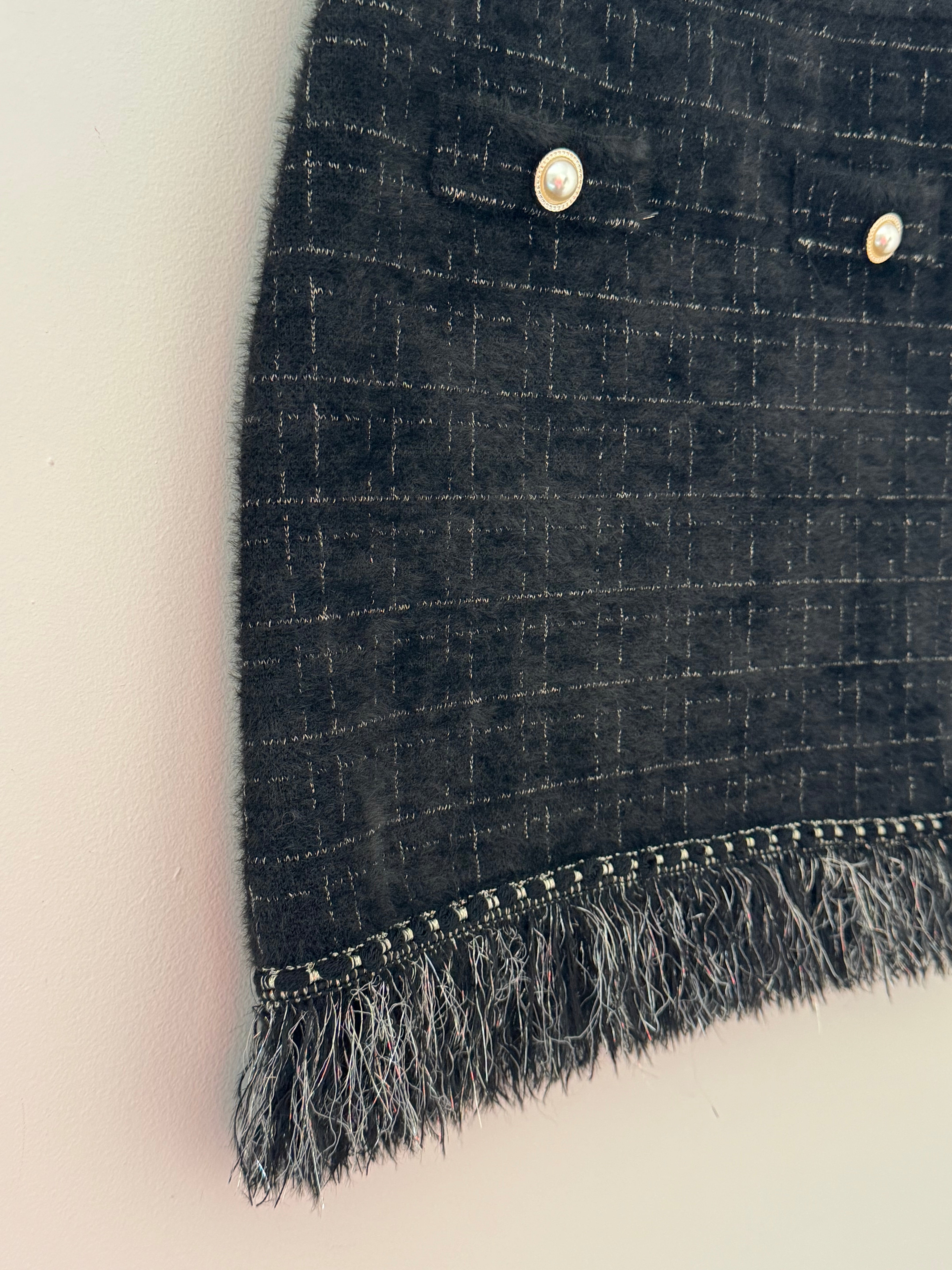 Pearl Button & Tweed Skirt in Black