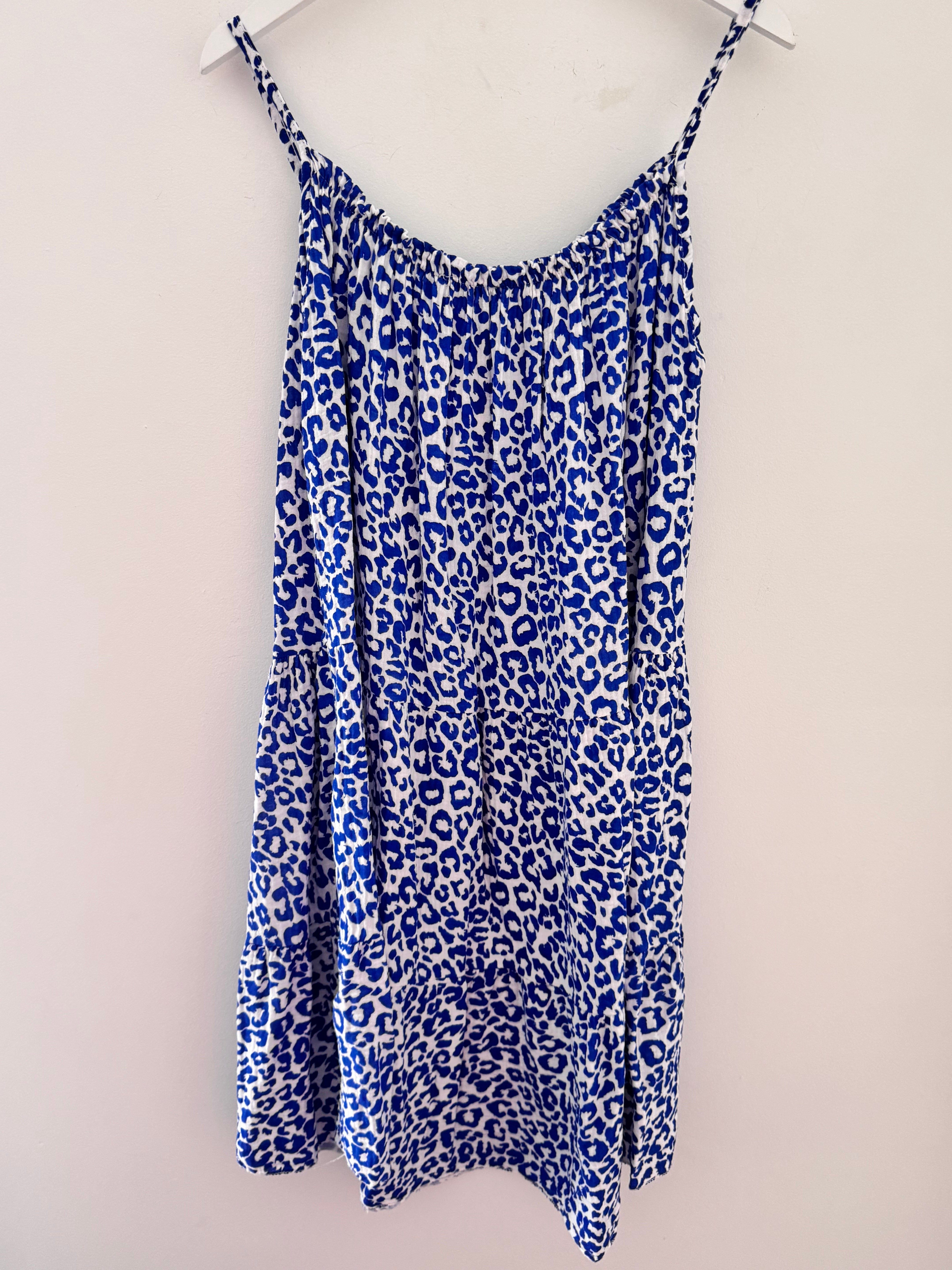 Leopard Cheesecloth Dress in Sapphire & White