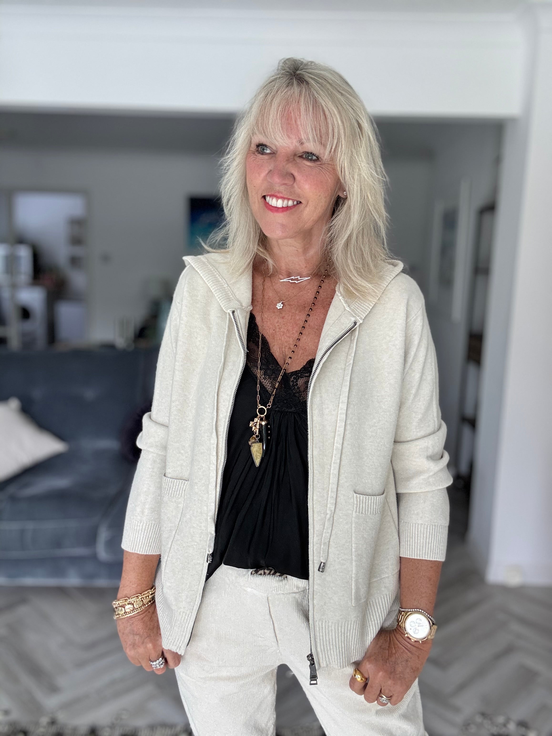 Soft Hooded Zipped Jumper in Ecru