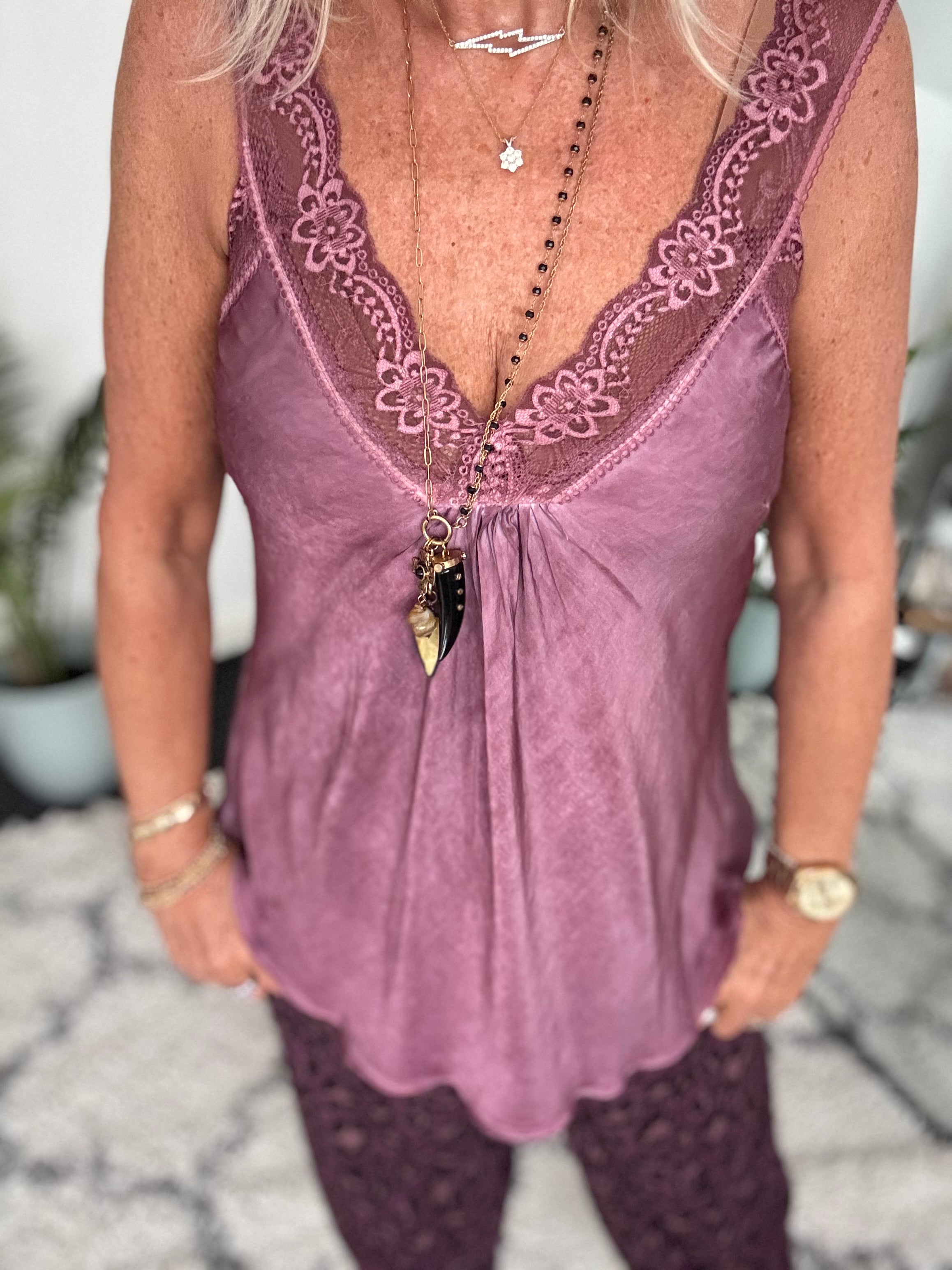 Lace Trim Silk Cami in Plum
