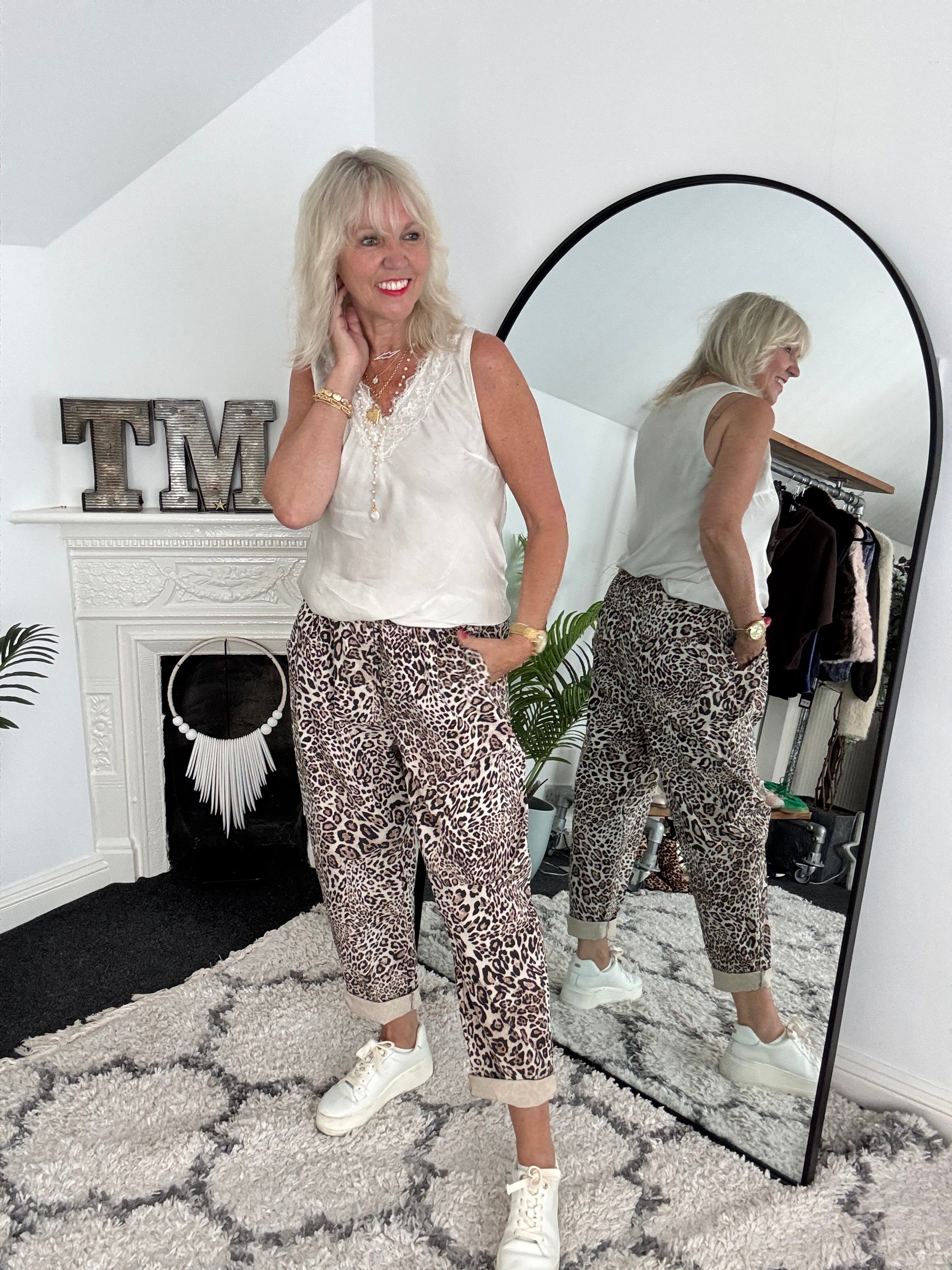 Super Stretch Loose Joggers in Stone Leopard