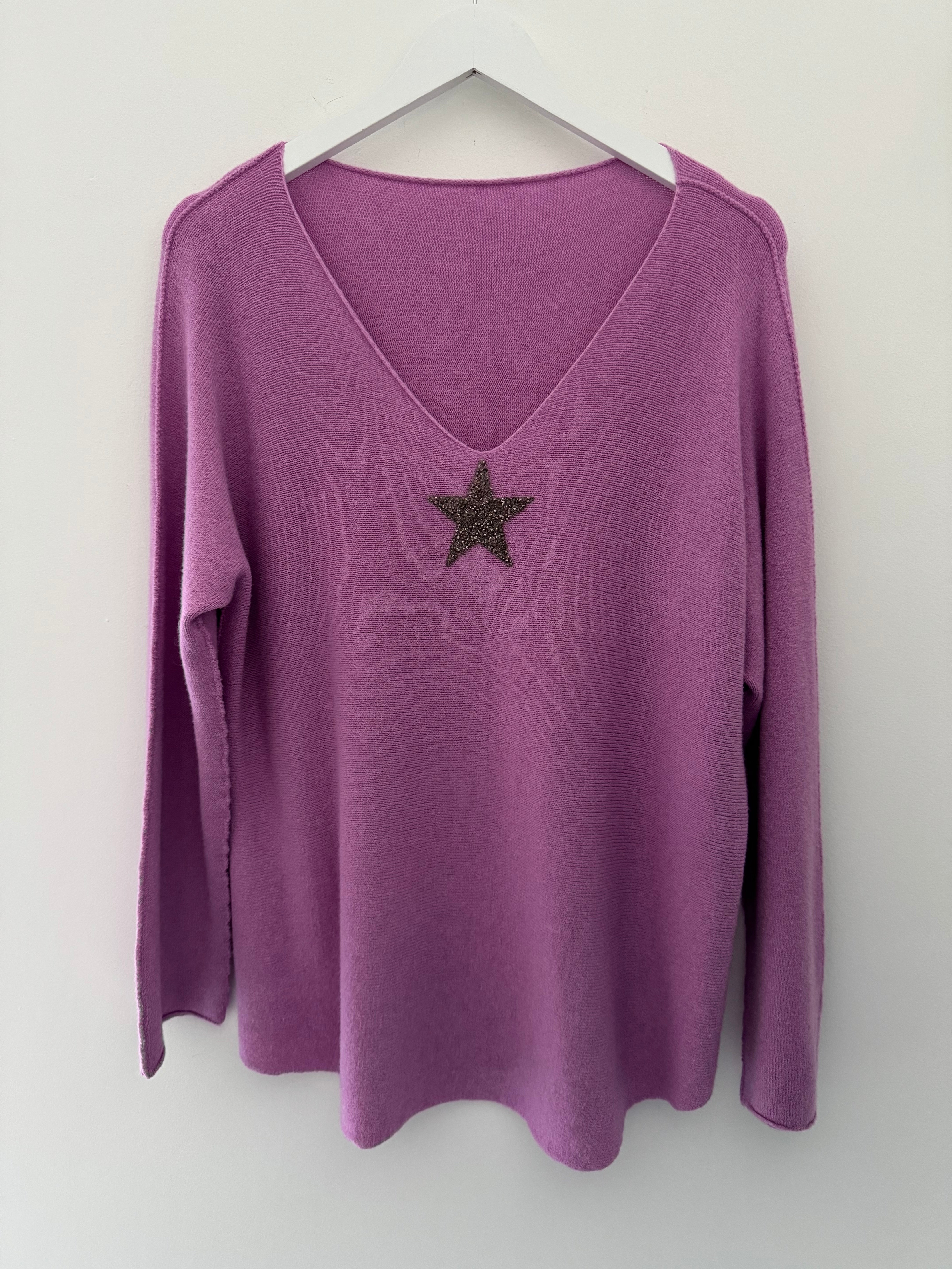 V Neck Glitter Star Jumper in Lilac