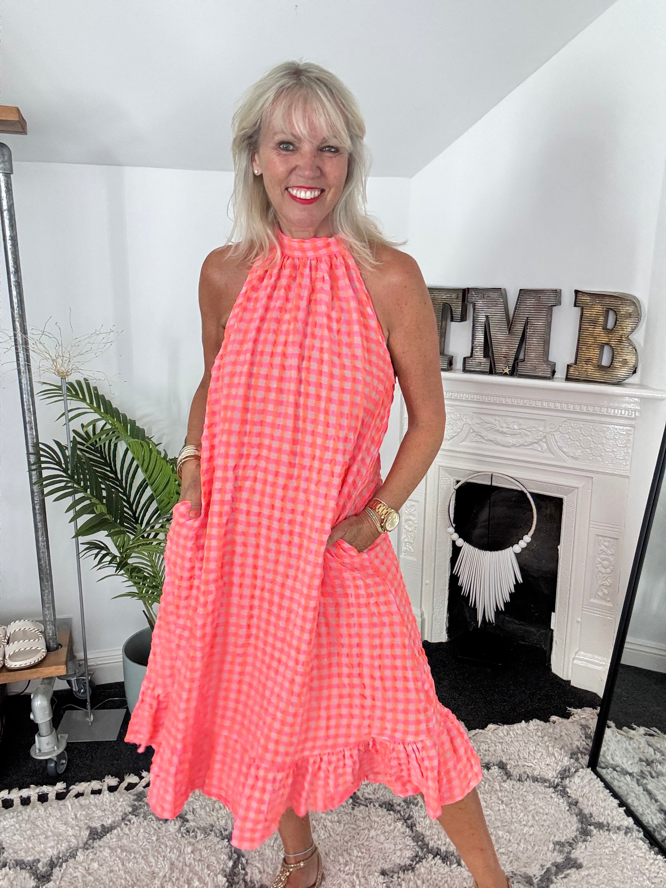 Halterneck Check Dress in Neon Pink & Orange