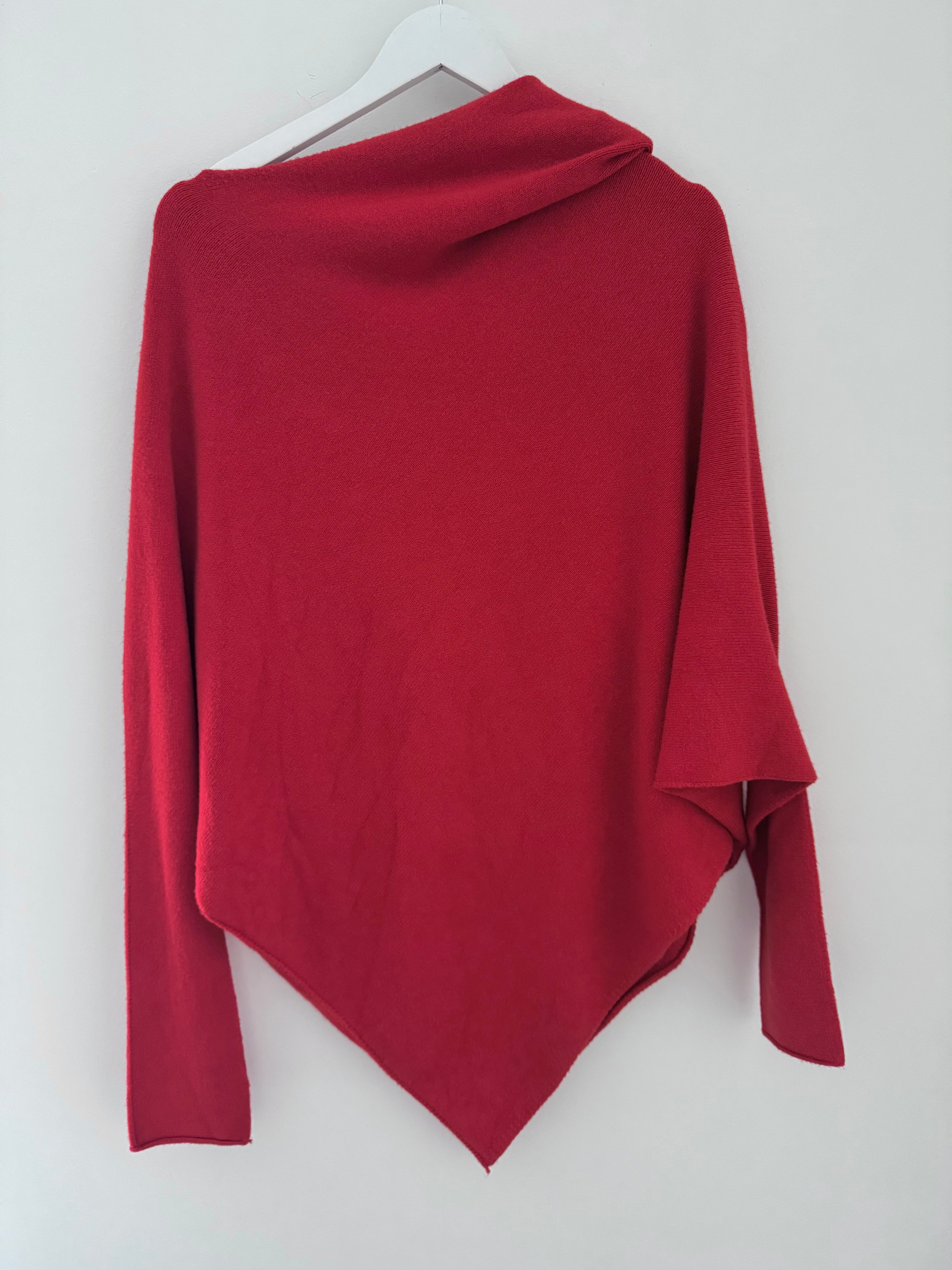 Cowl Neck Asymmetric Jumper in Red