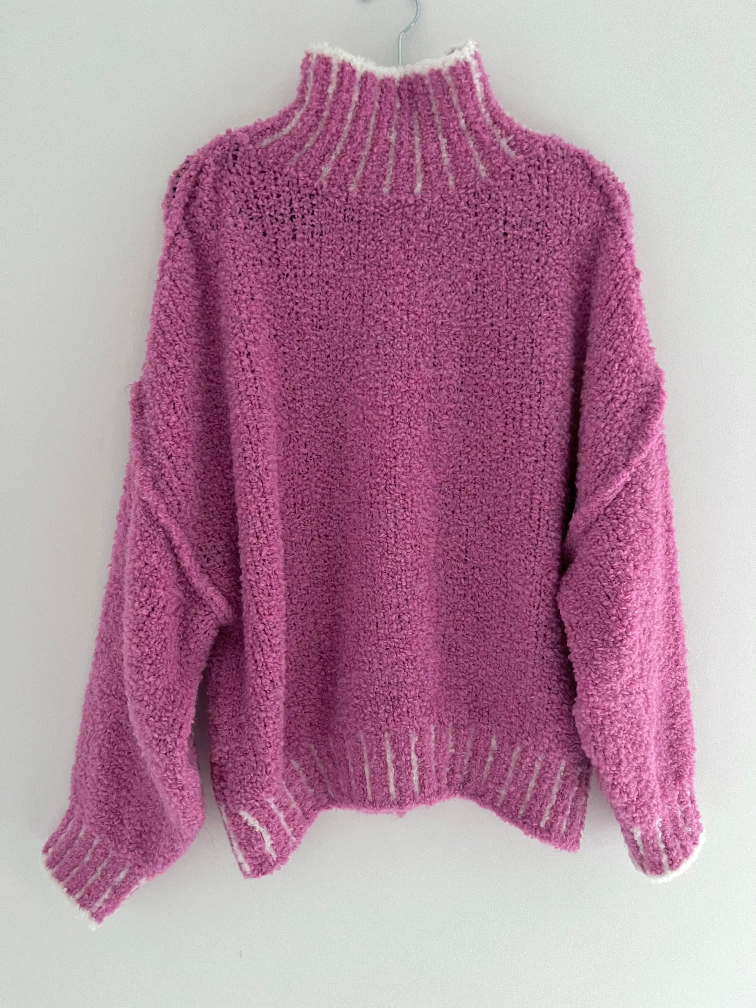 Funnel Neck Boucle Jumper in Pink & White