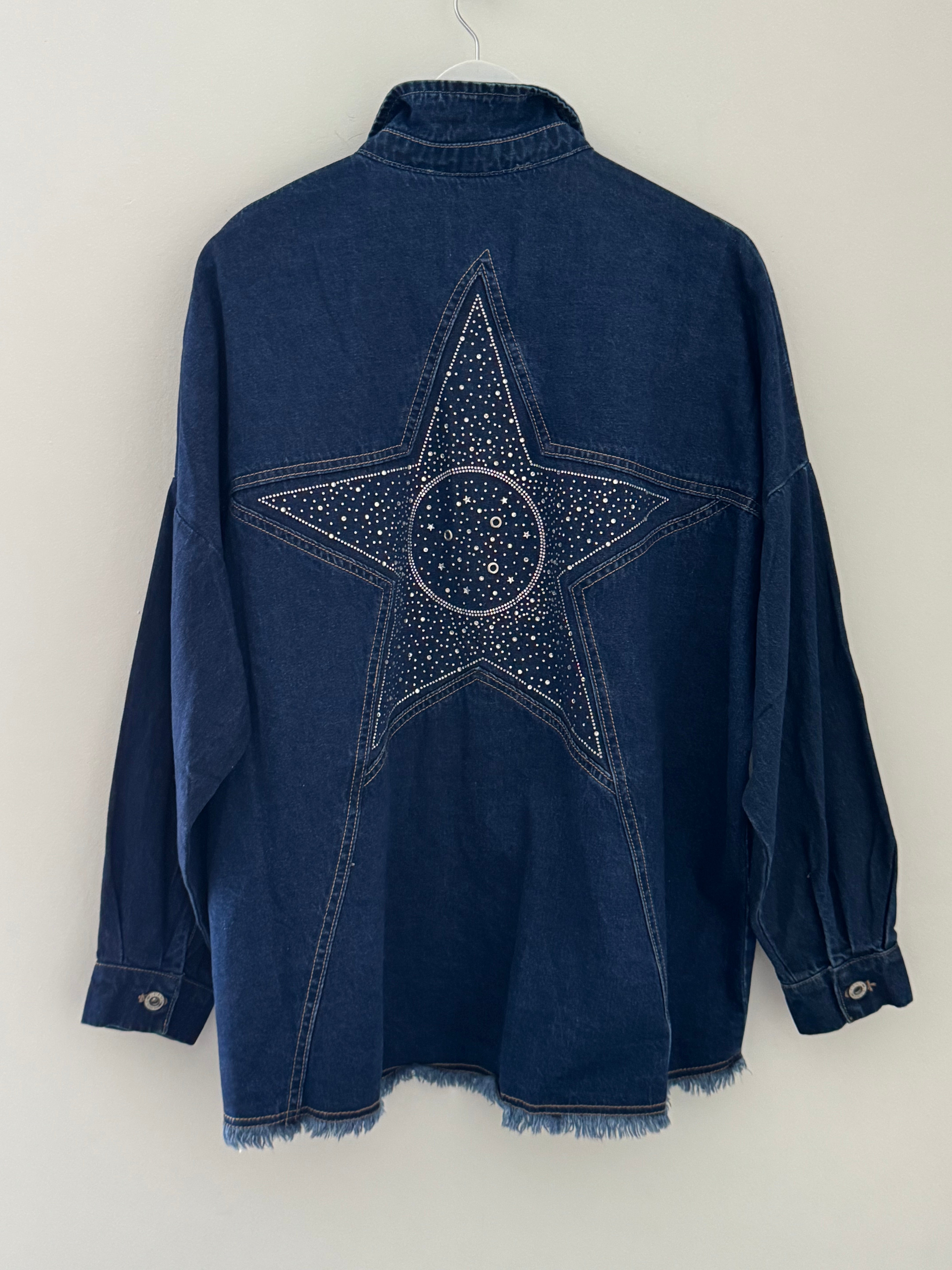 Boyfriend Shacket with Sparkly Star in Blue Denim