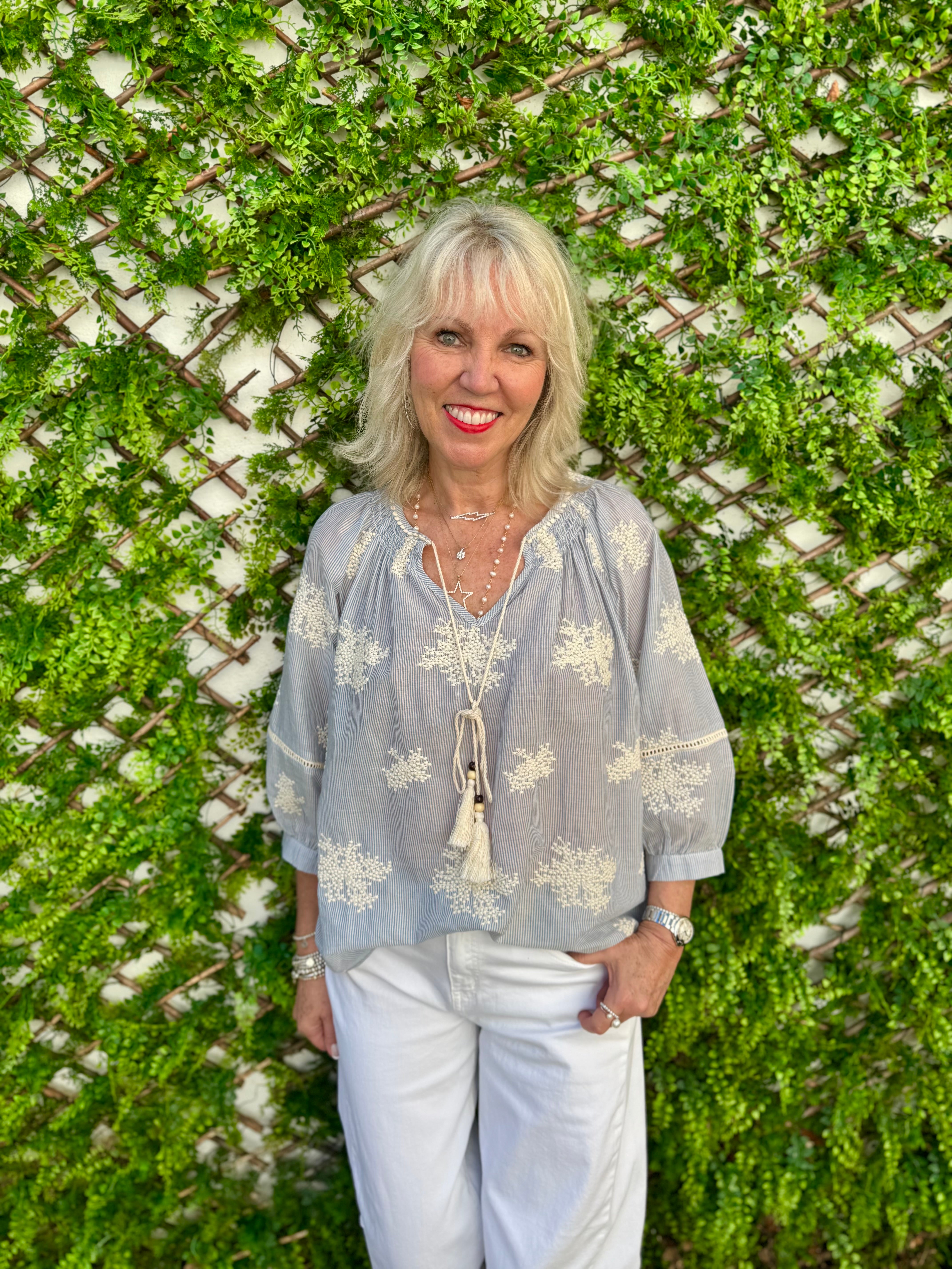 Embroidered Blouse in Blue & White
