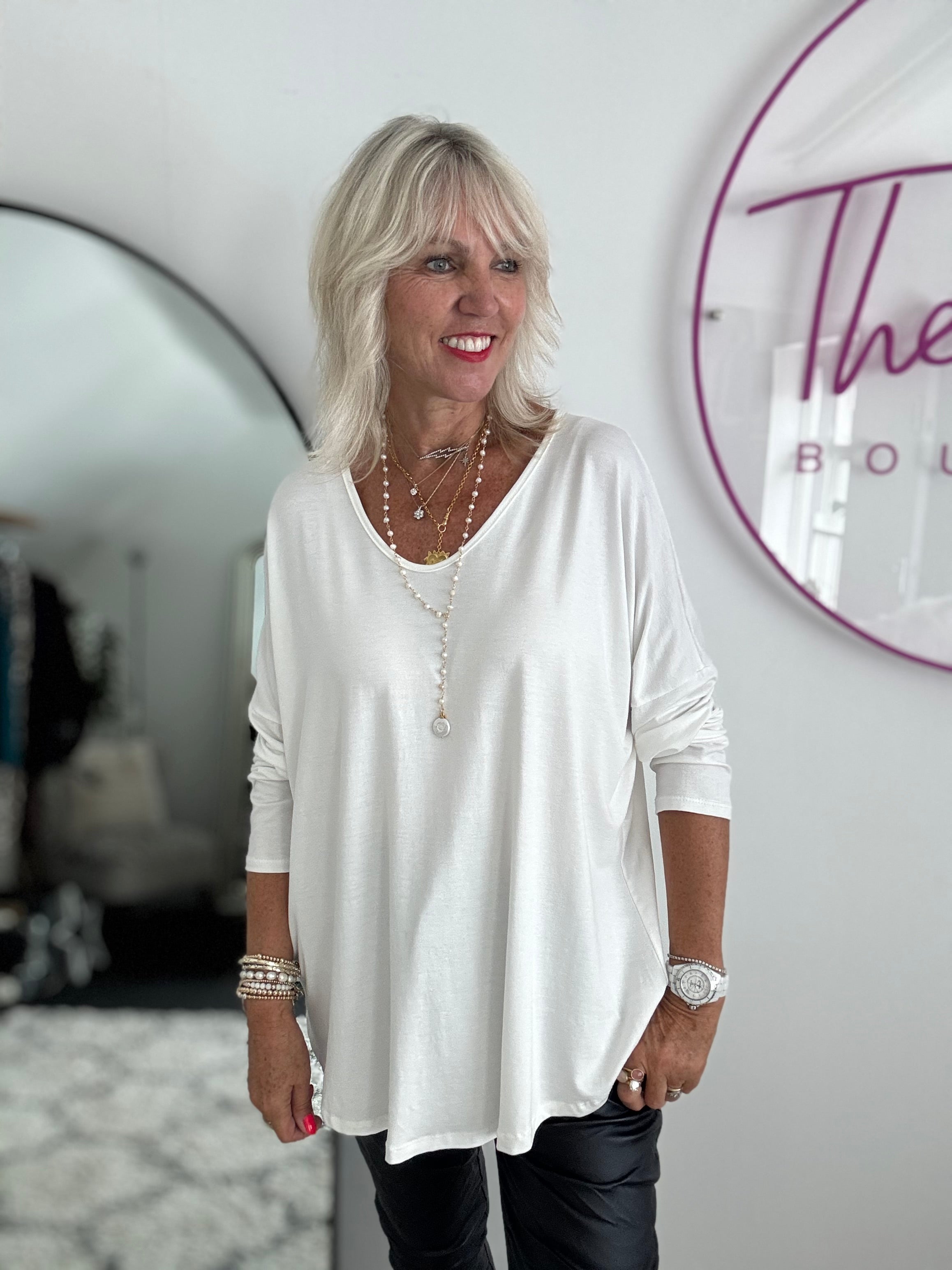 Oversized Long Sleeve Stretch Top in Ivory