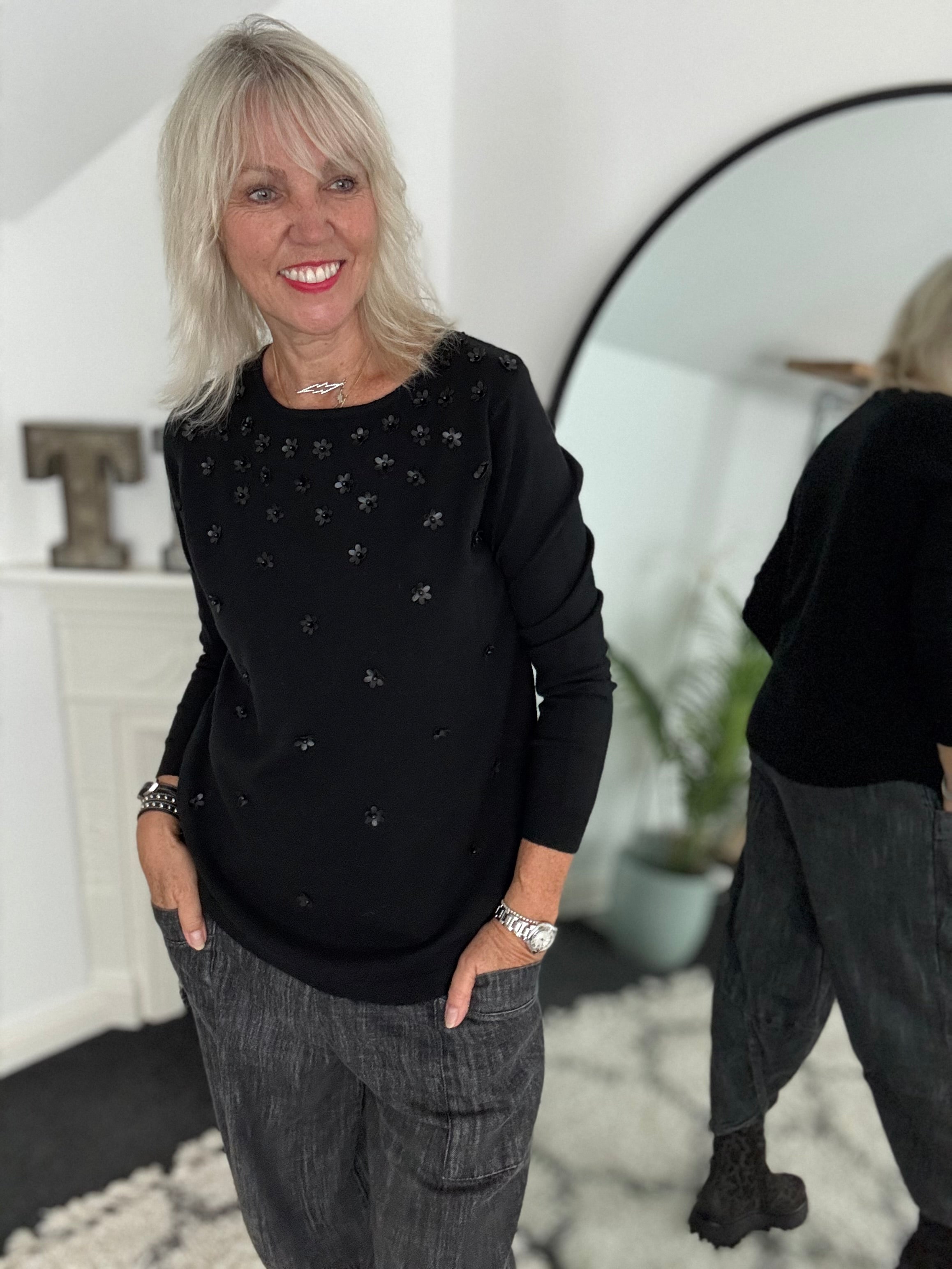 Soft Jumper with Flowers in Black