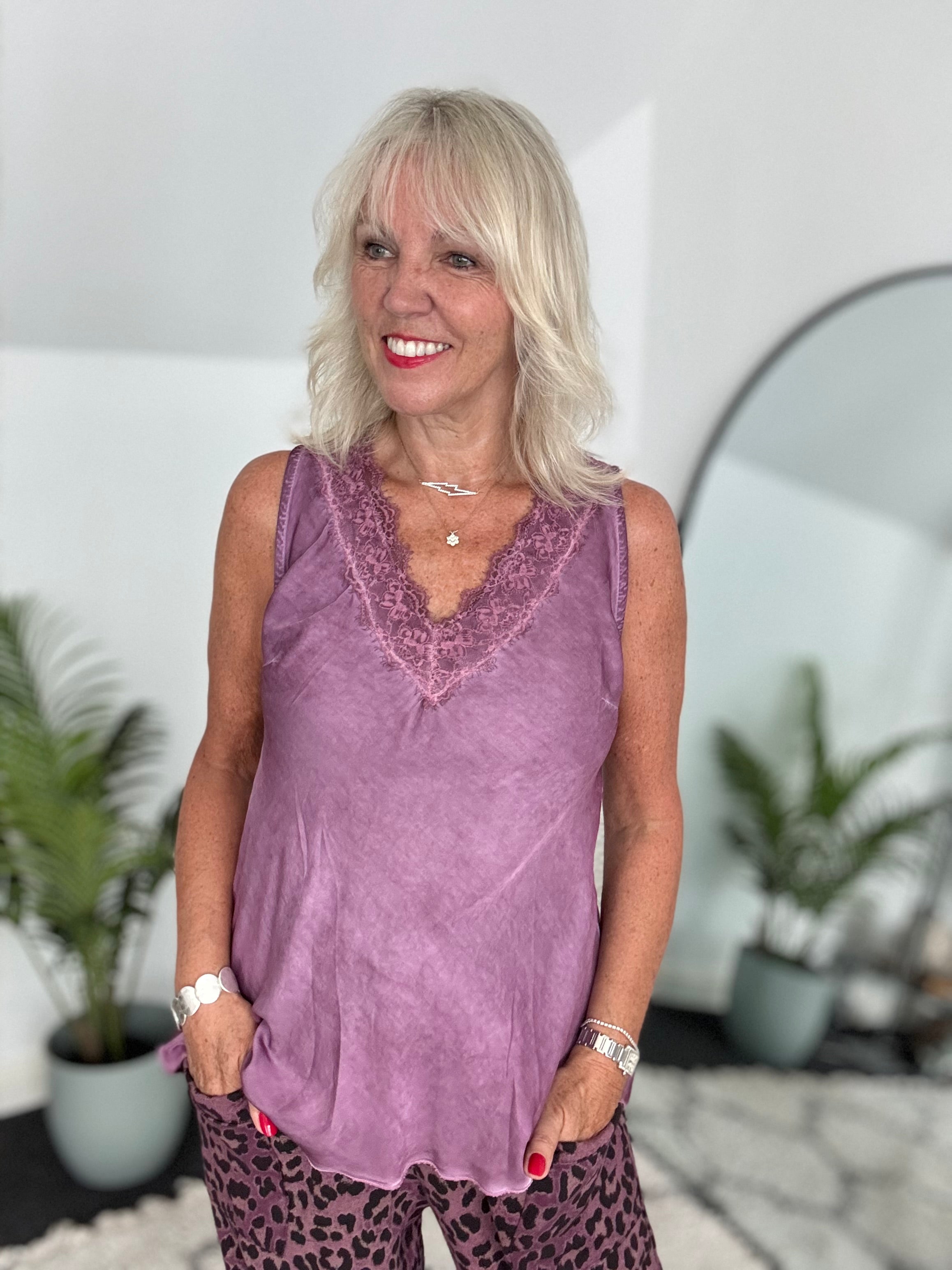 Lace Trim Silk Top in Soft Plum