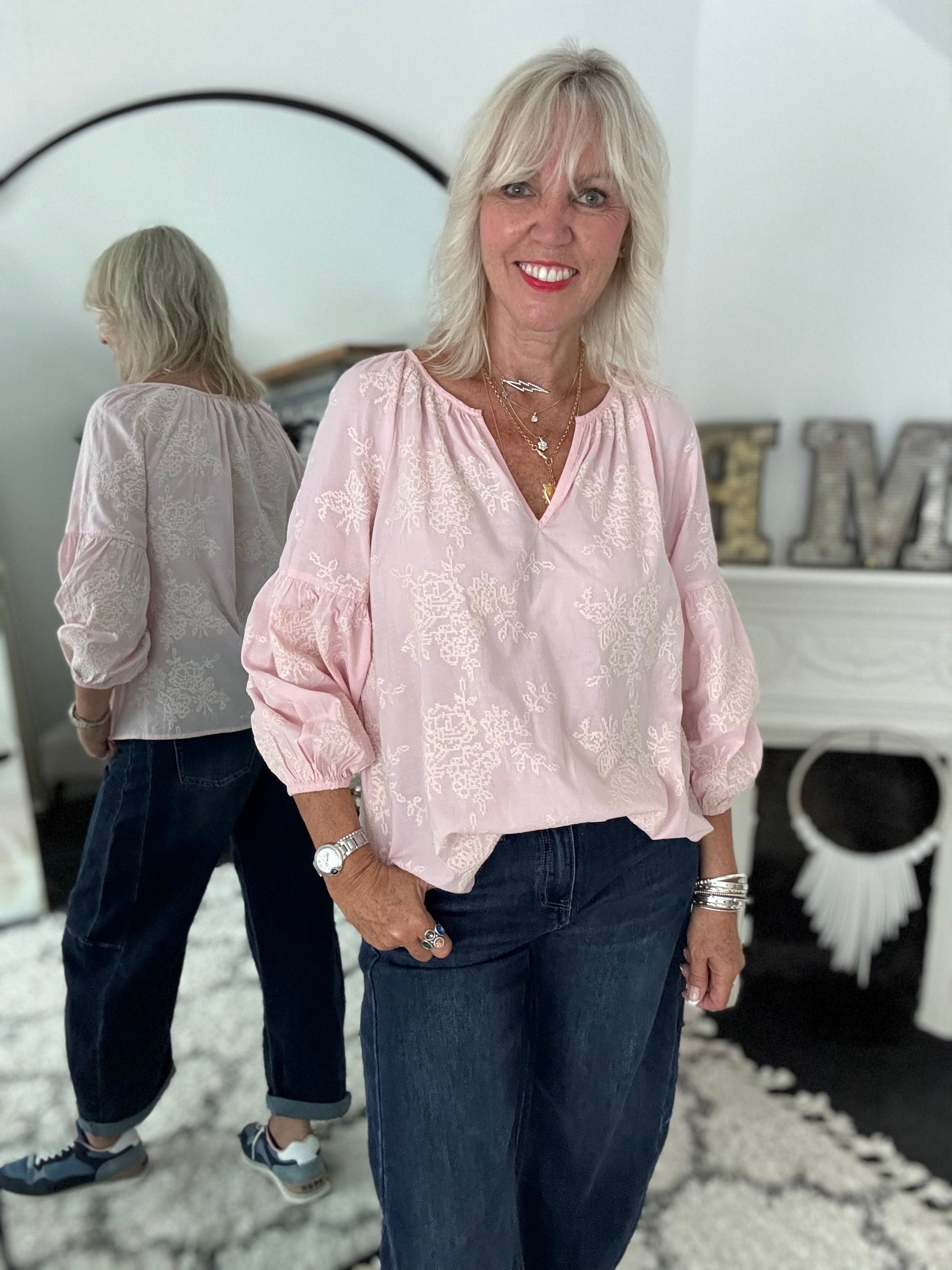 Luxe Embroidered Blouse in Pink