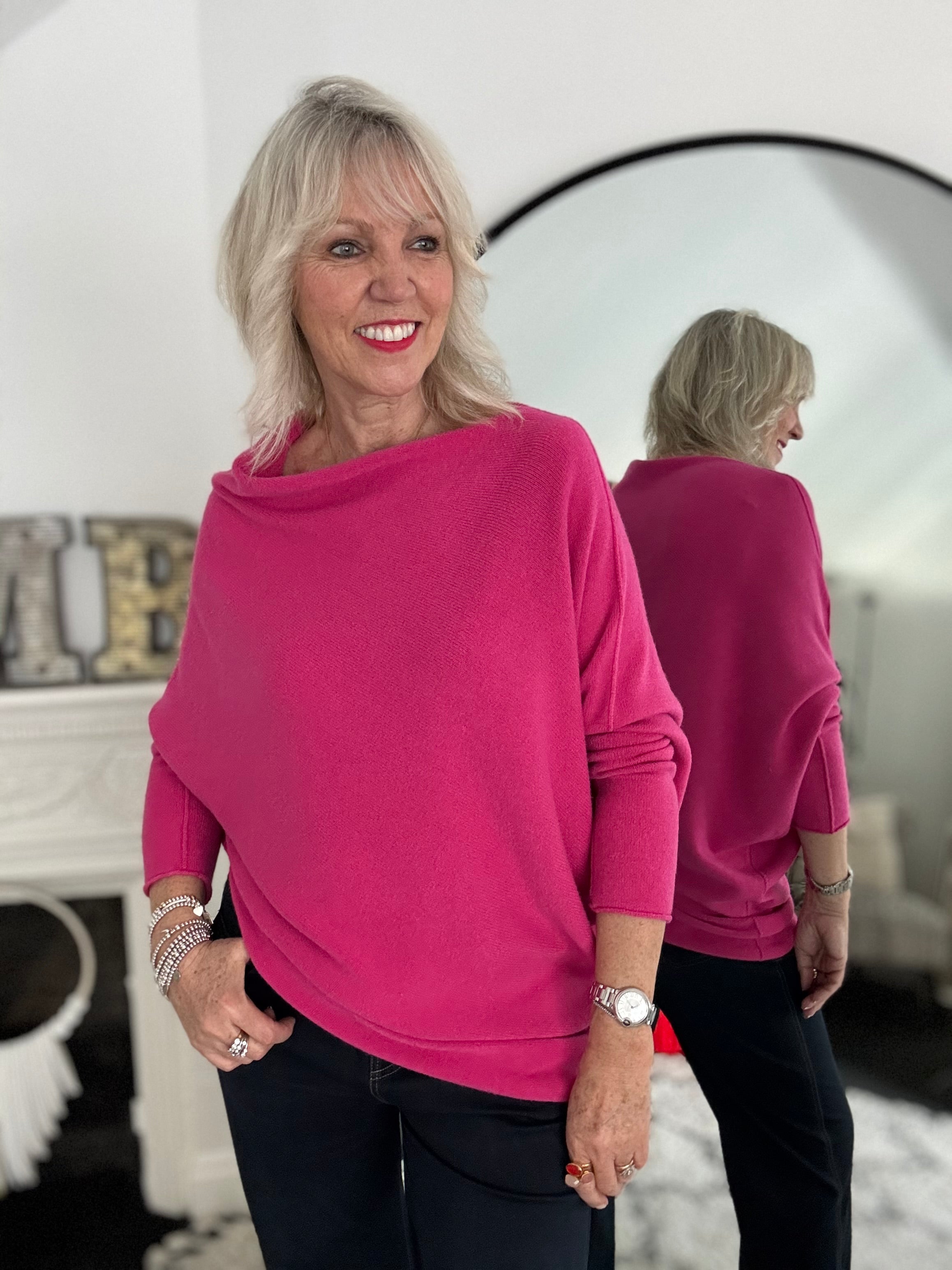 Cowl Neck Asymmetric Jumper in Fuchsia