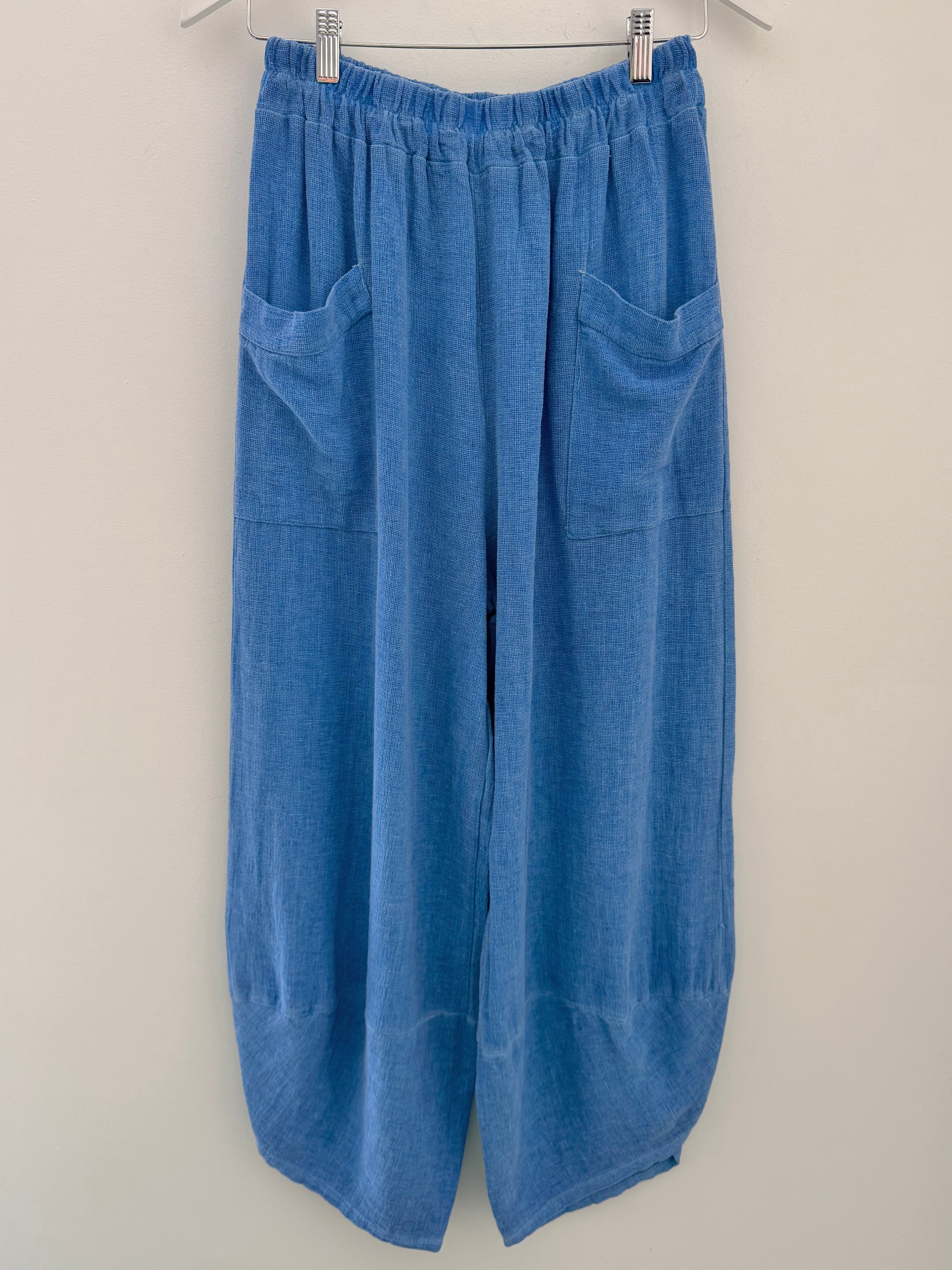 Linen & Cotton Barrel Trousers in Sky Blue
