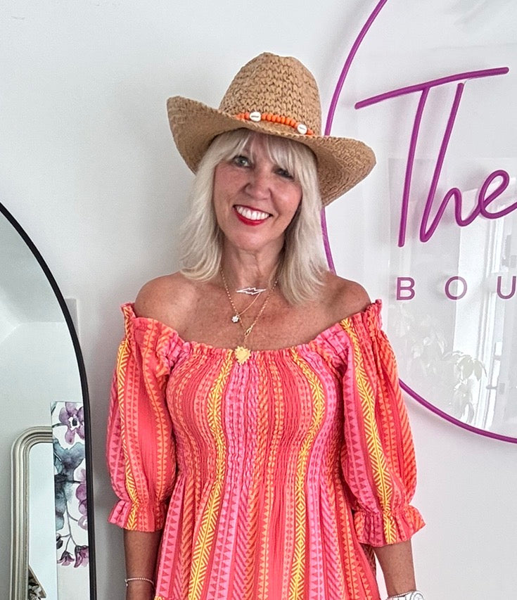 Straw Hat with Orange Bead & Shell Tie