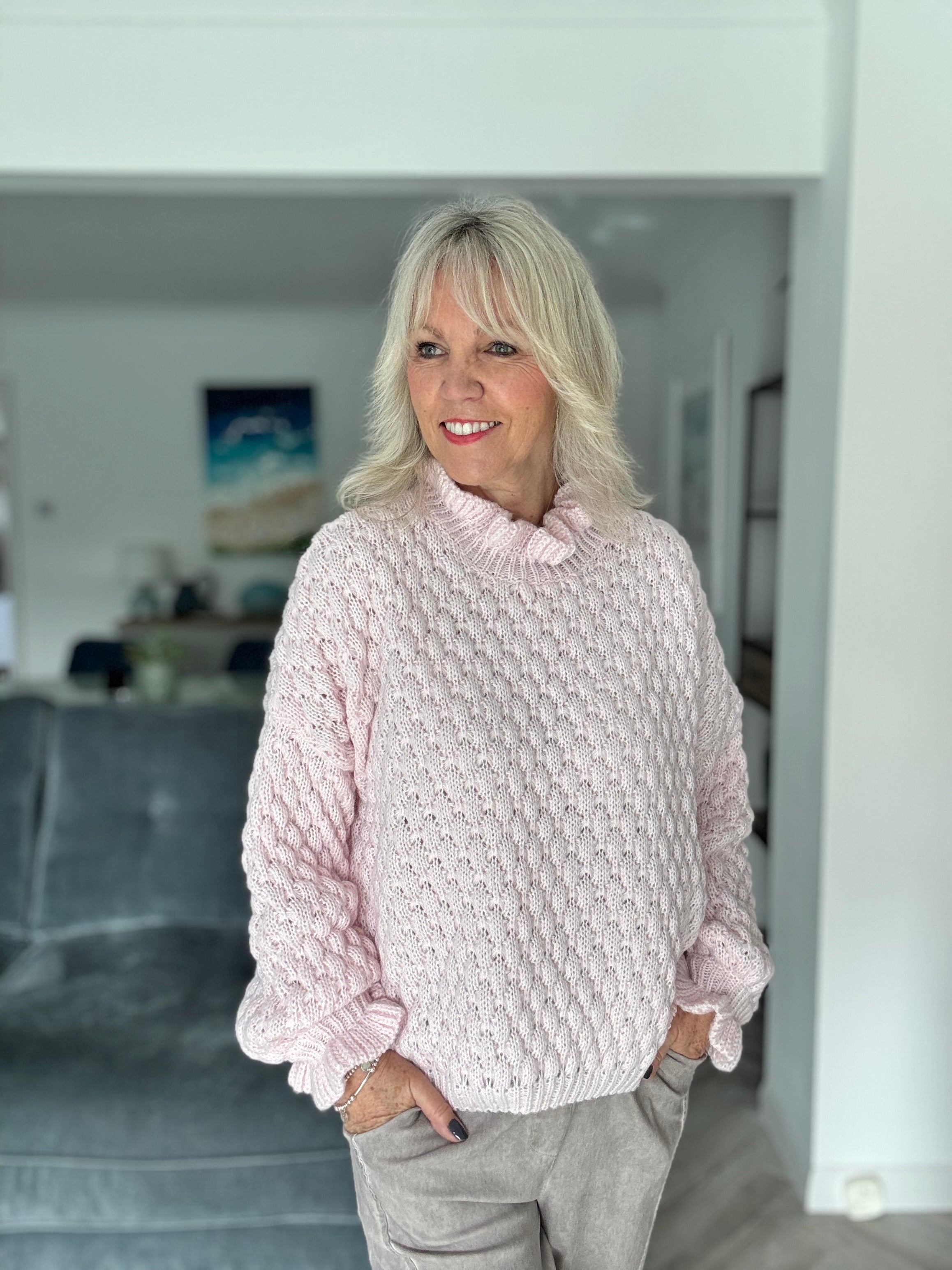 Waffle Jumper with Frill Neck in Pink