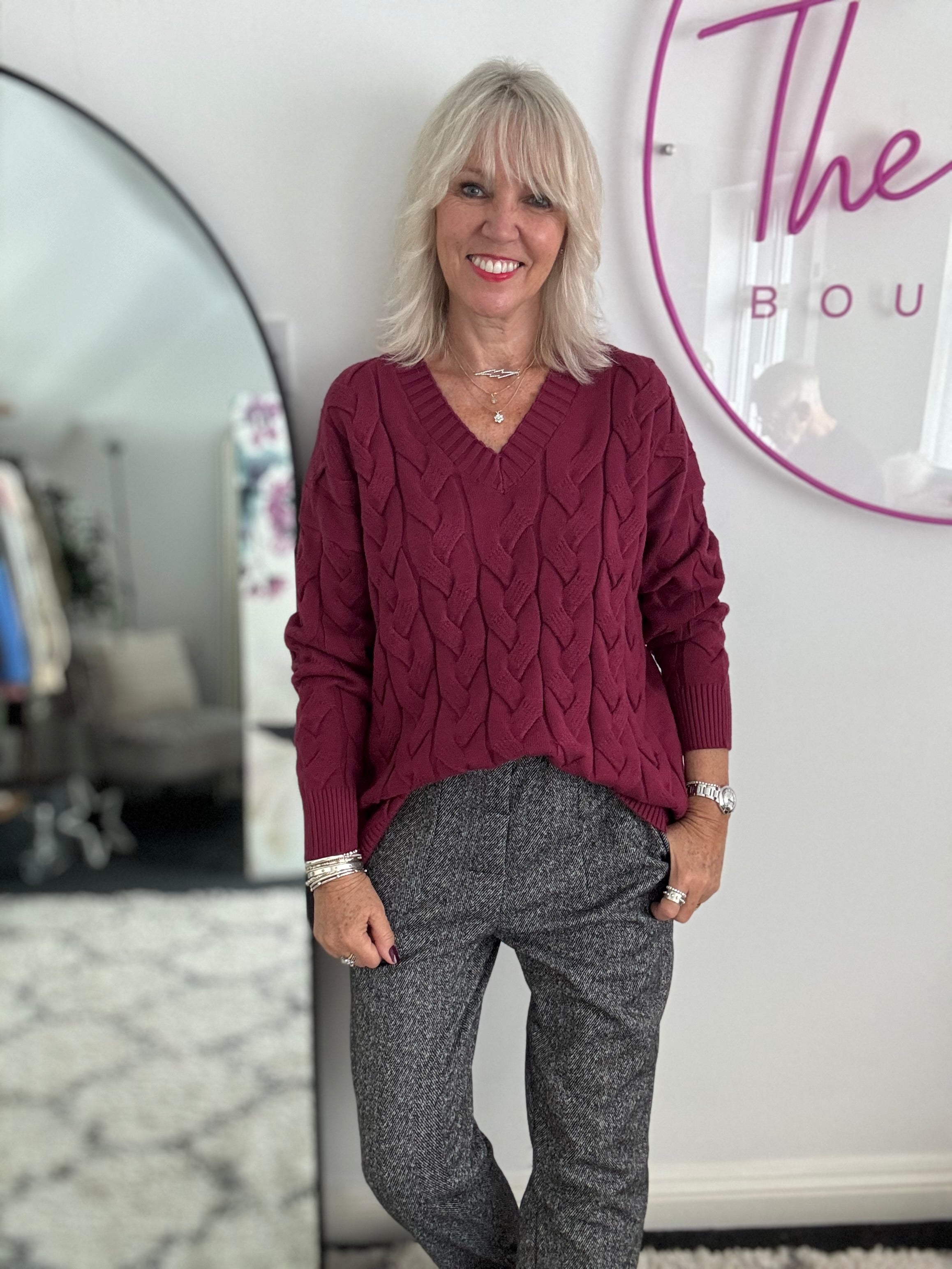 V Neck Cable Jumper in Berry