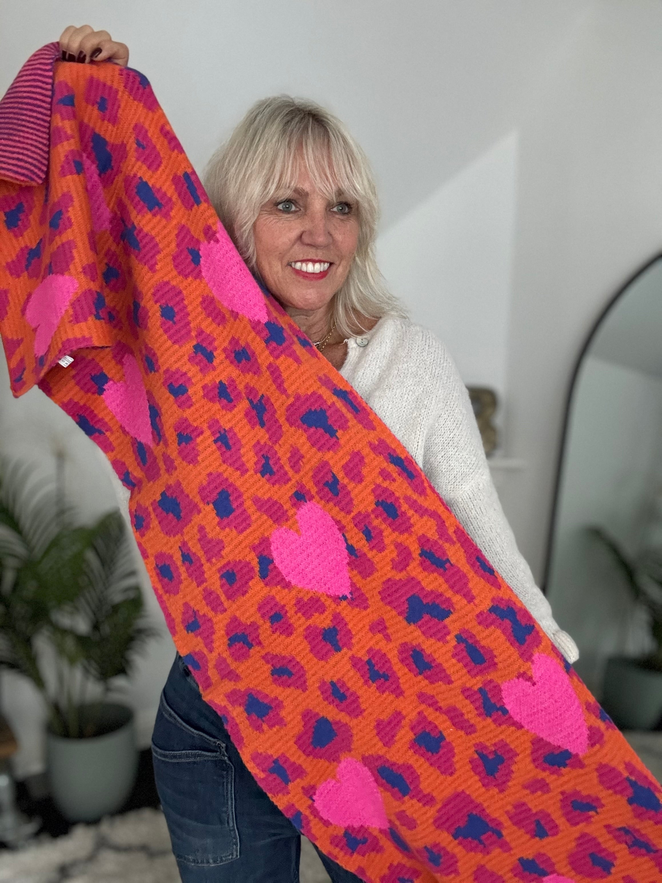 Leopard Reversible Scarf with Hearts & Stripes in Pink